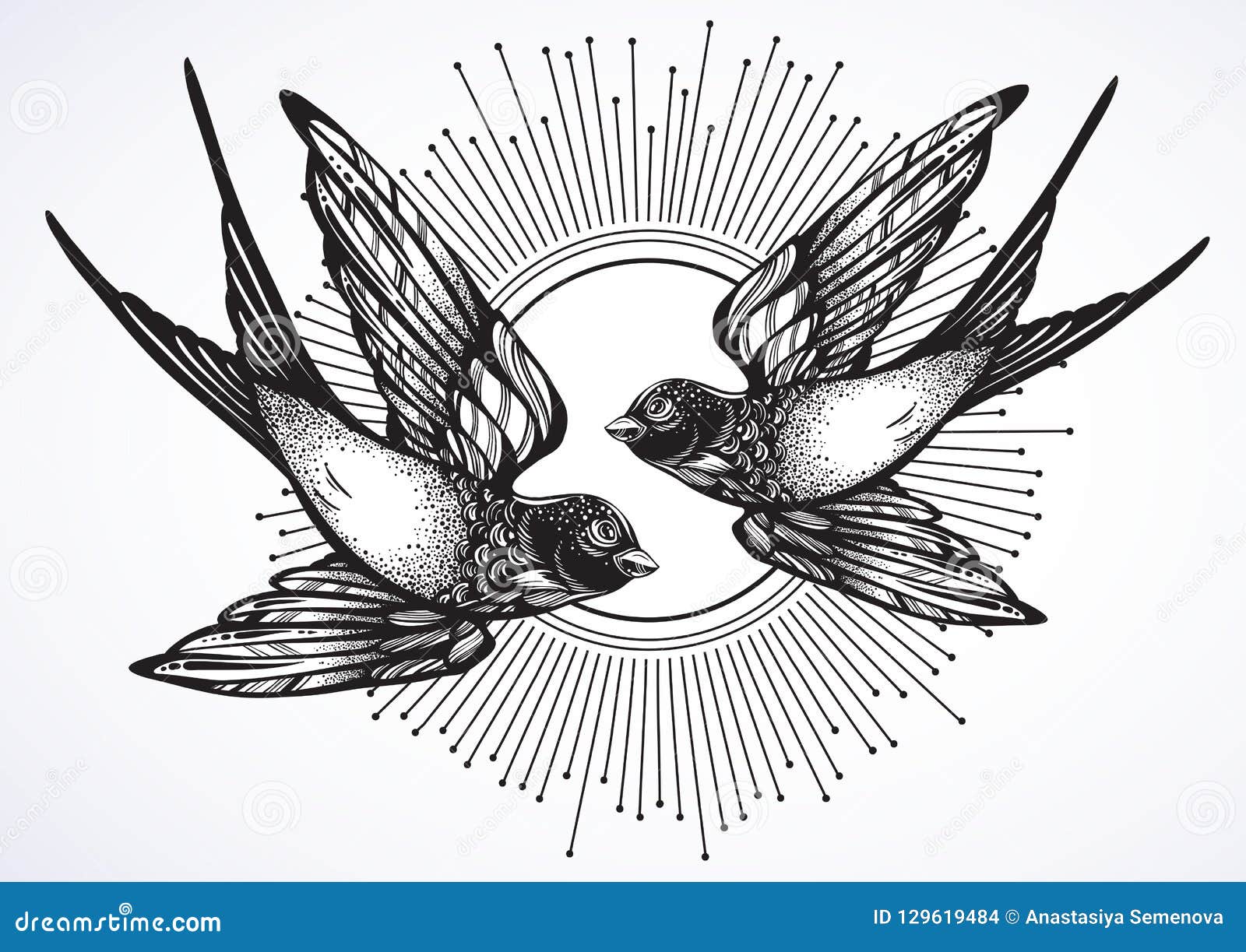 beautiful vintage retro style  of two flying swallow birds. hand drawn  artwork  on white.