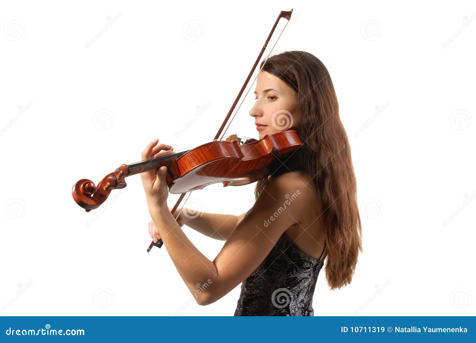 Beautiful Violinist Girl In Yellow Concert Dress Is Playing Electric