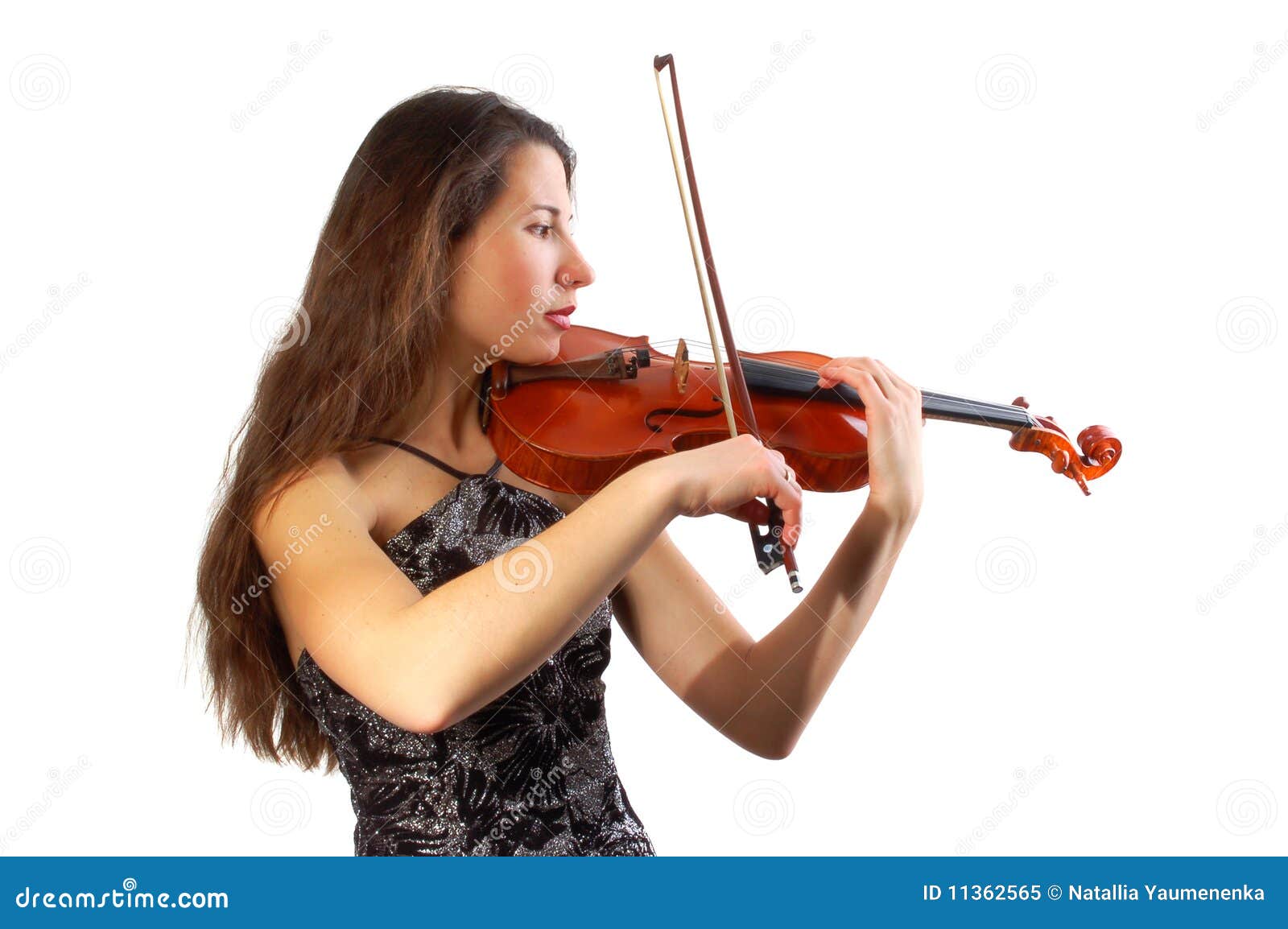Beautiful Violinist Girl In Yellow Concert Dress Is Playing Electric