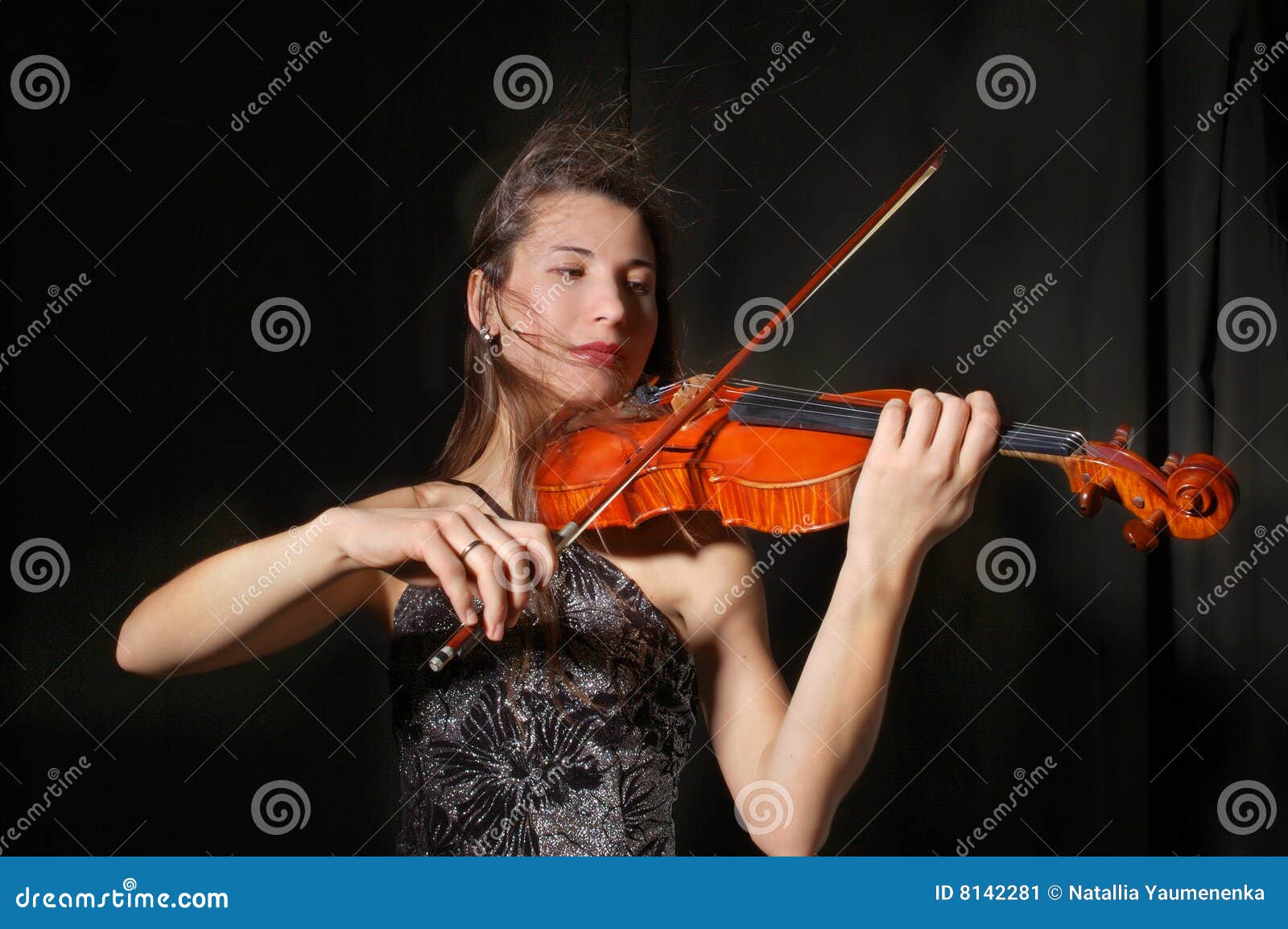Beautiful Violinist Girl In Yellow Concert Dress Is Playing Electric