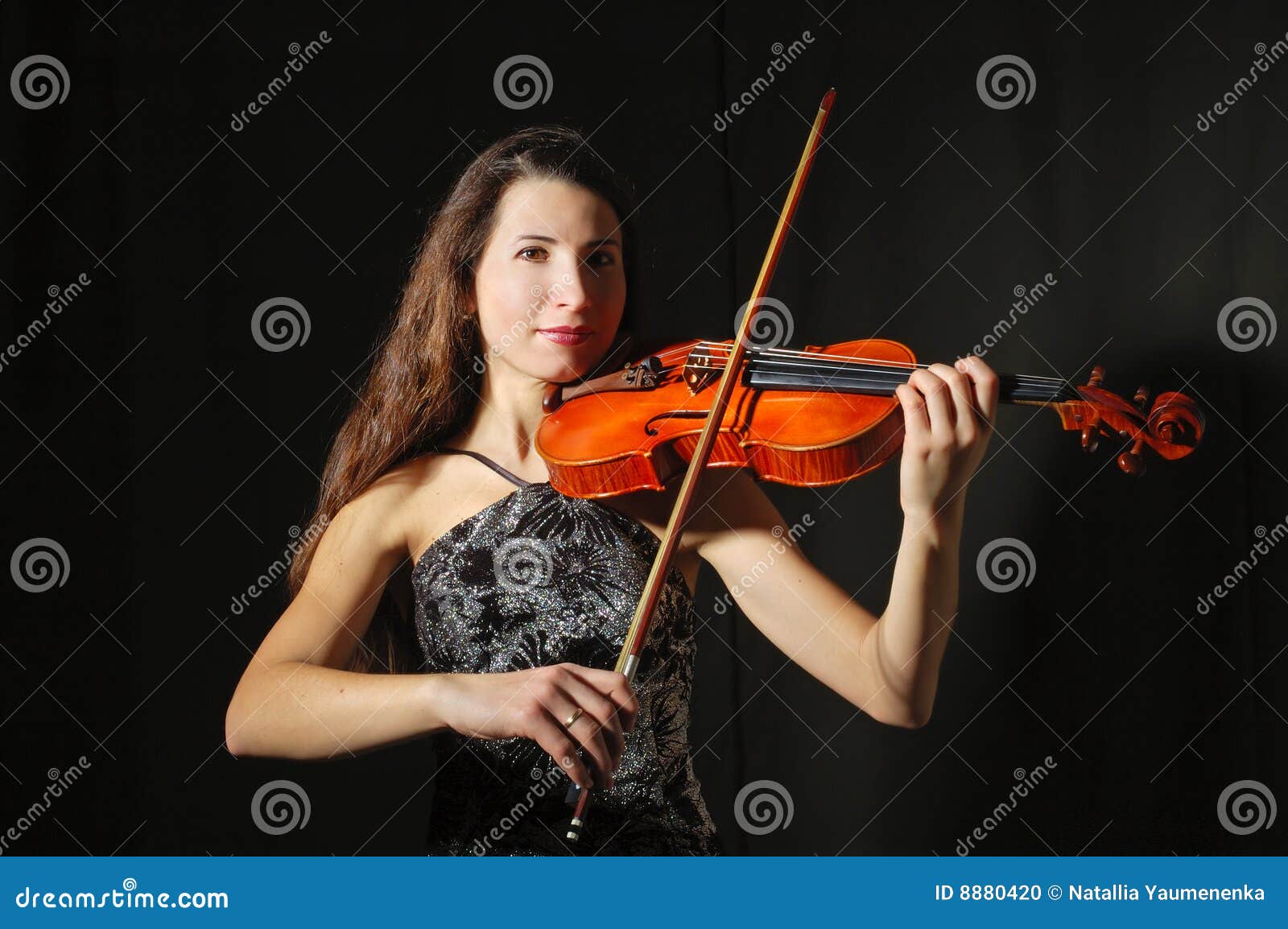 Beautiful Violinist Girl In Yellow Concert Dress Is Playing Electric