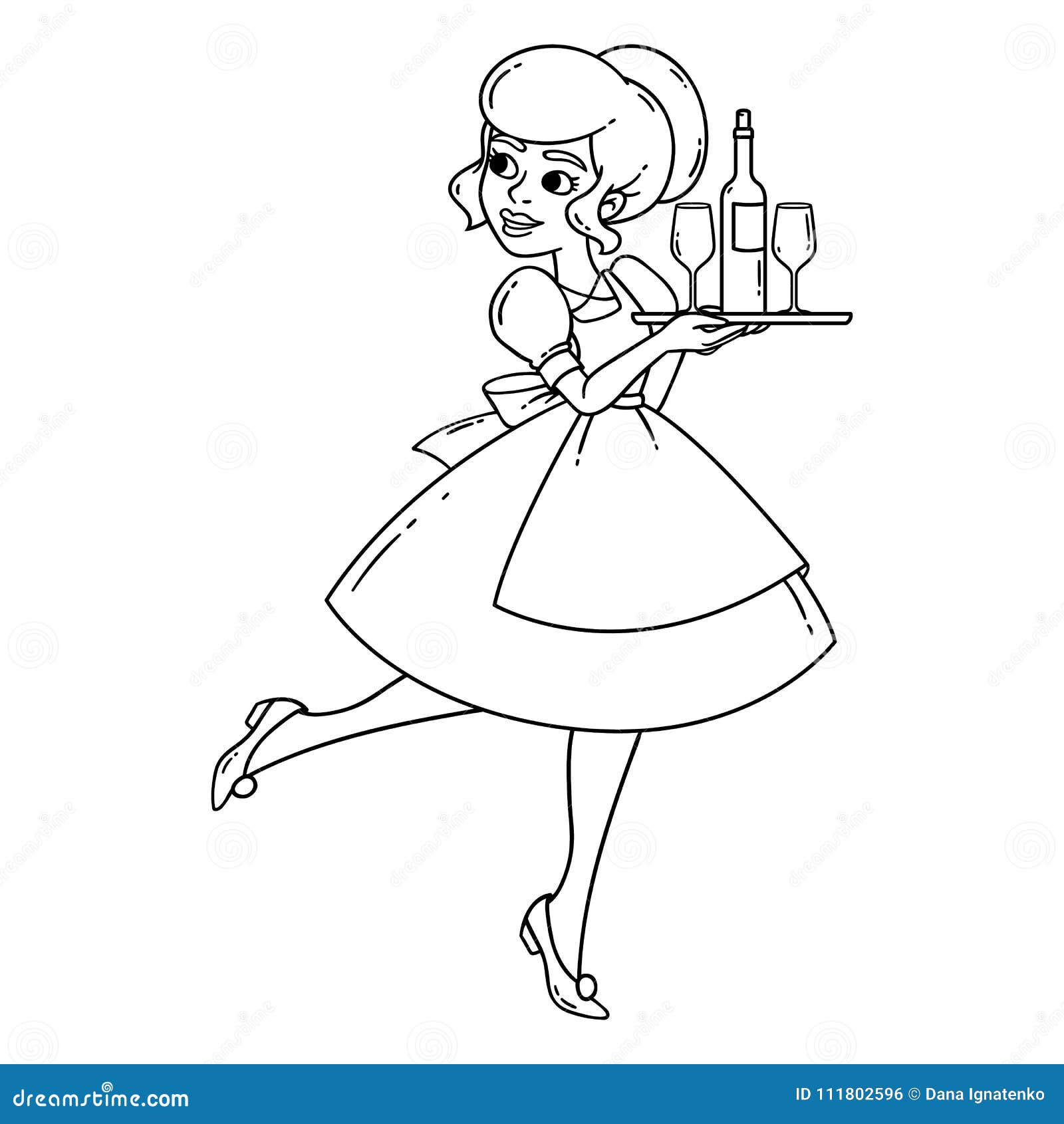 Beautiful Waitress with Tray. Coloring Page. Stock Vector