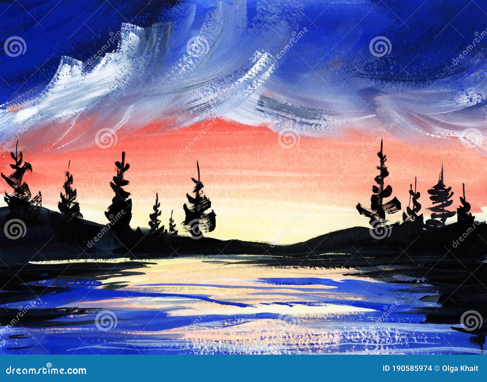 Lake Sunset Painting, Blue Landscape Watercolor Painting, Or