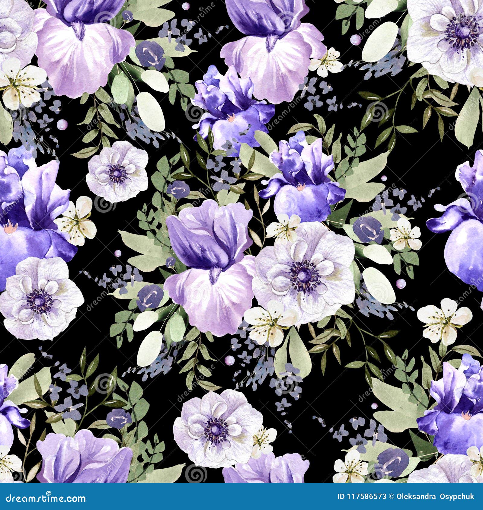 Beautiful Watercolor Pattern With Peony, Iris, Anemone And ...