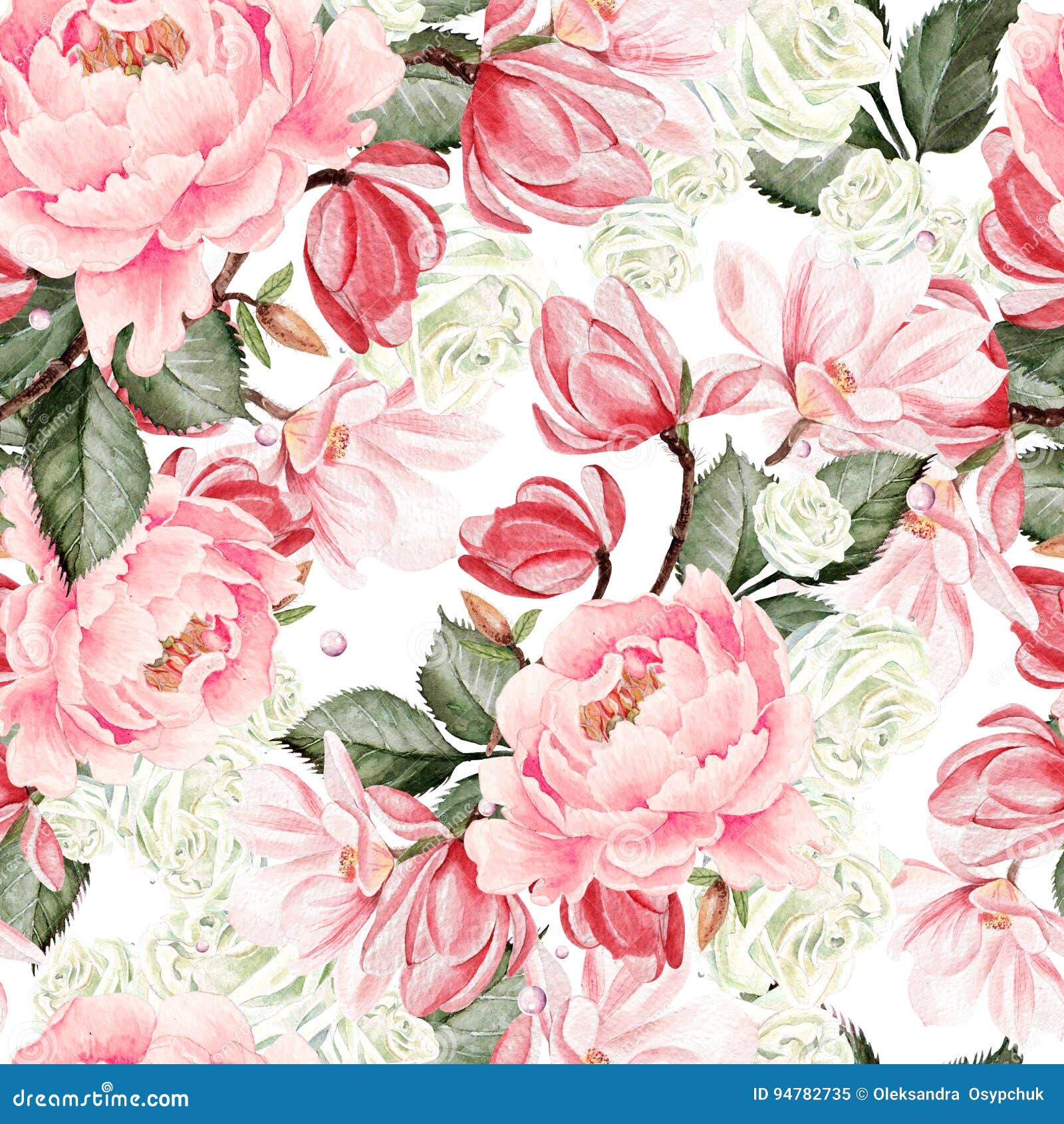 Beautiful Watercolor Pattern with Roses, Peony and Magnolia Flowers ...