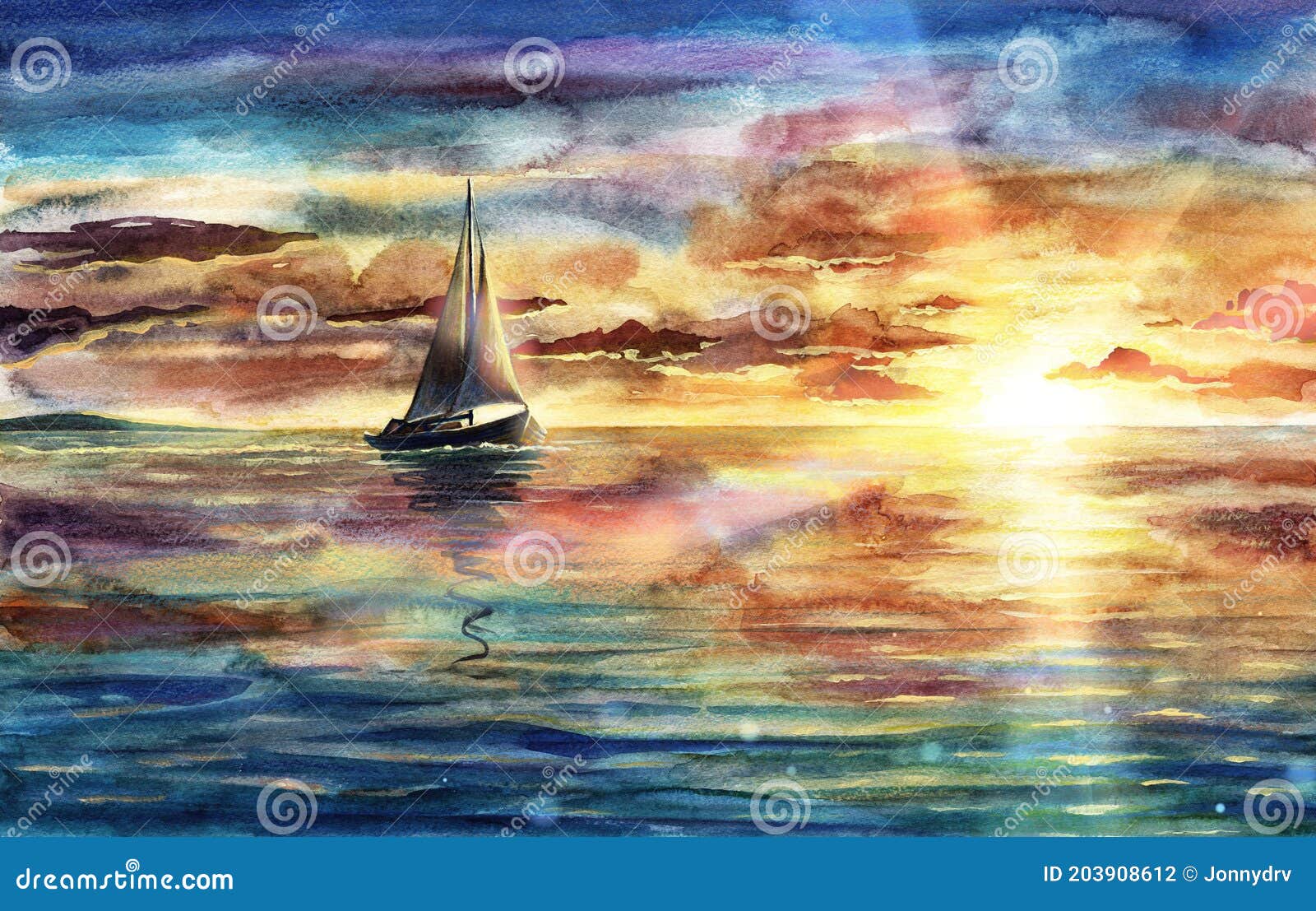 Beautiful Watercolor Sea Landscape Illustration With Sunset, Sky And Clouds, Ship, Vessel, Boat In Ocean, Water Reflections Art Stock Illustration - Illustration Of Sail, Sailboat: 203908612