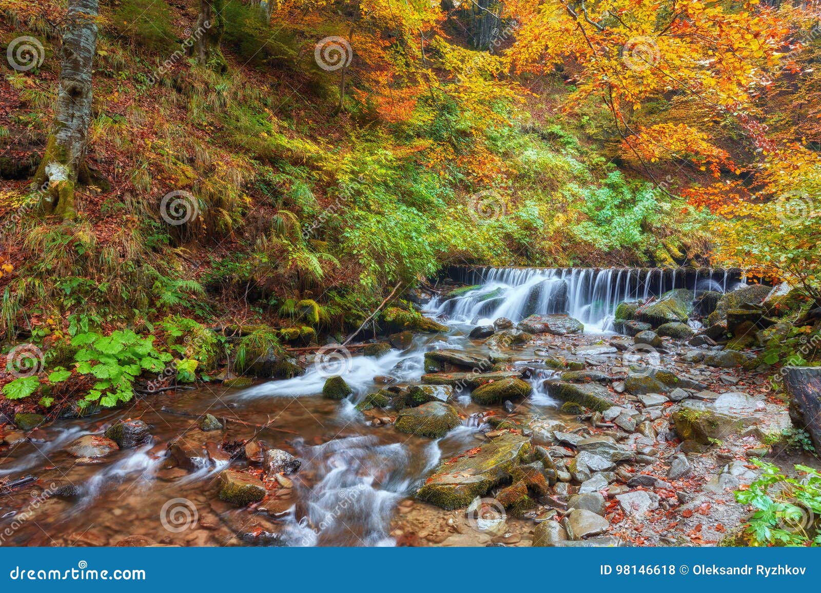 Beautiful Waterfall At Mountain River In Colorful Autumn Forest Stock