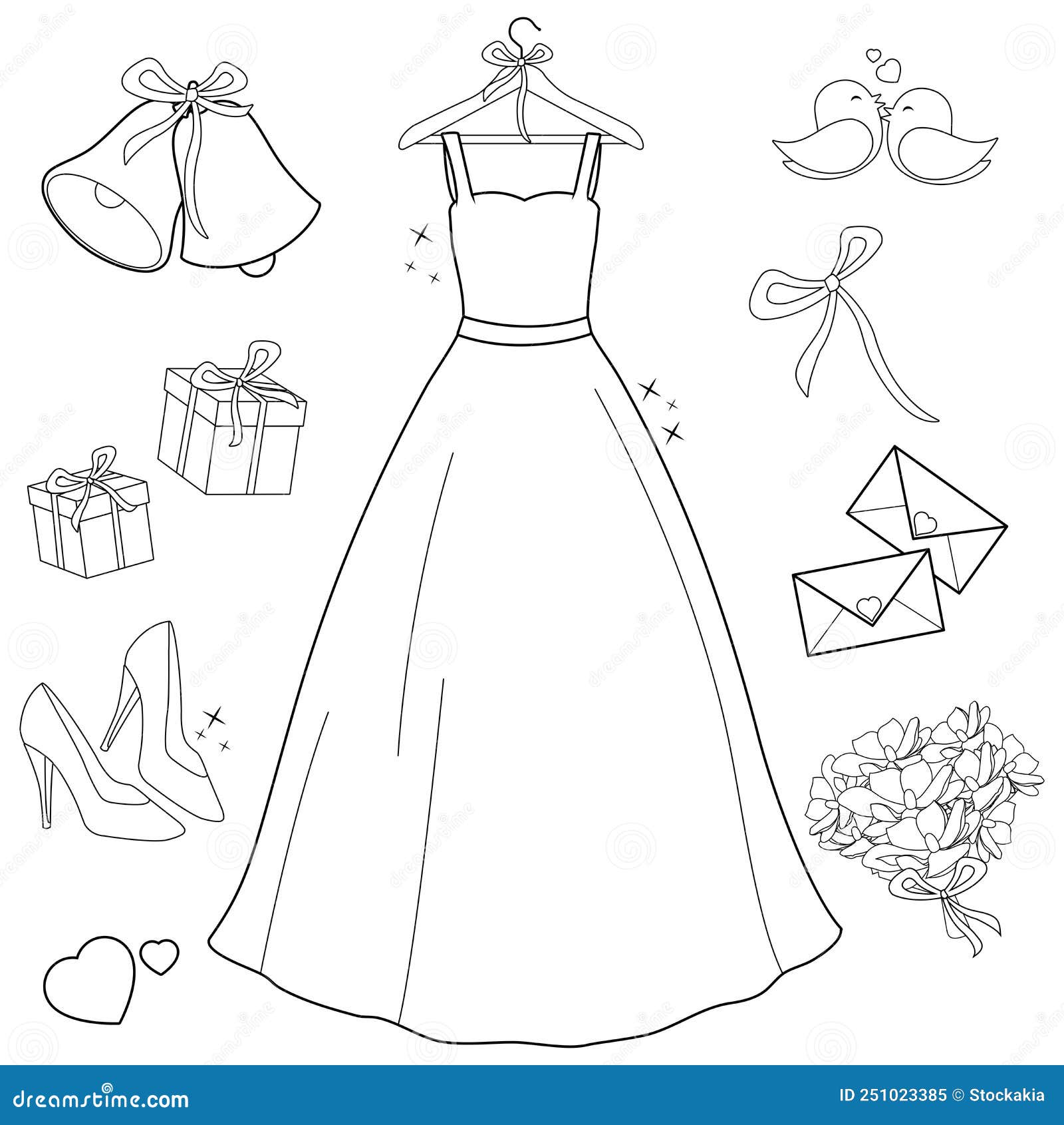 Beautiful Wedding Dress. Vector Black and White Coloring Page Stock Vector Illustration of