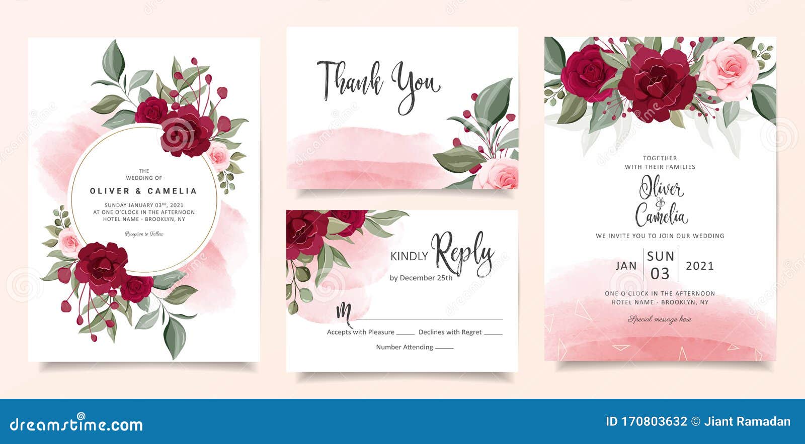 Beautiful Wedding Invitation Card Template Set with Burgundy and Peach Rose  Flowers and Watercolor Background. Cards with Floral, Stock Vector -  Illustration of drawn, background: 170803632