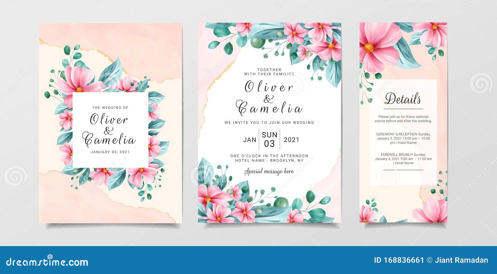 Beautiful Wedding Invitation Card Template Set with Watercolor Floral and  Marble Background. Flowers and Leaves Botanic Stock Vector - Illustration  of design, background: 168836661
