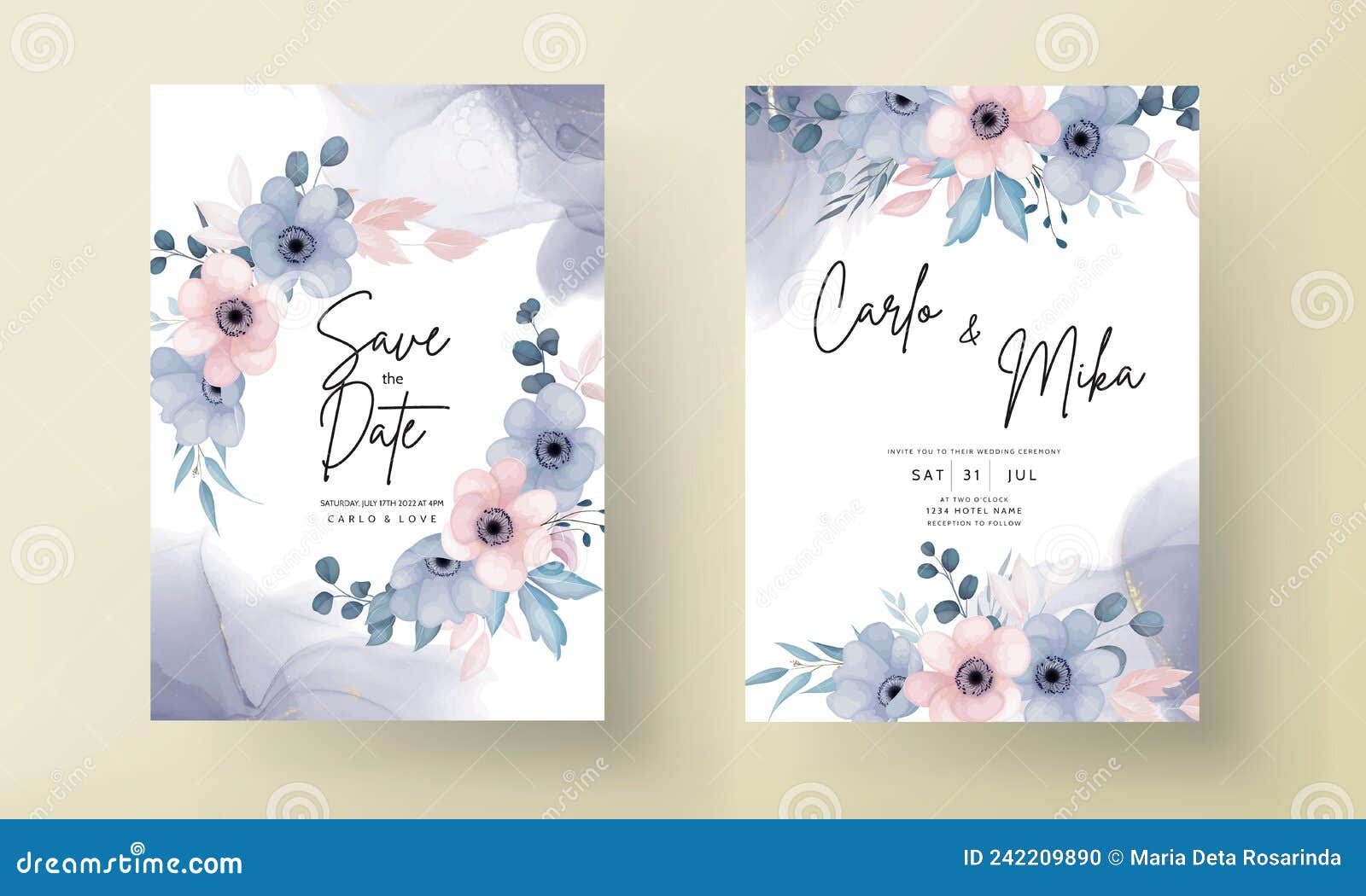 Marriage invitation card romantic, with drawing of leaf floral frame.  Vector - Stock Image - Everypixel