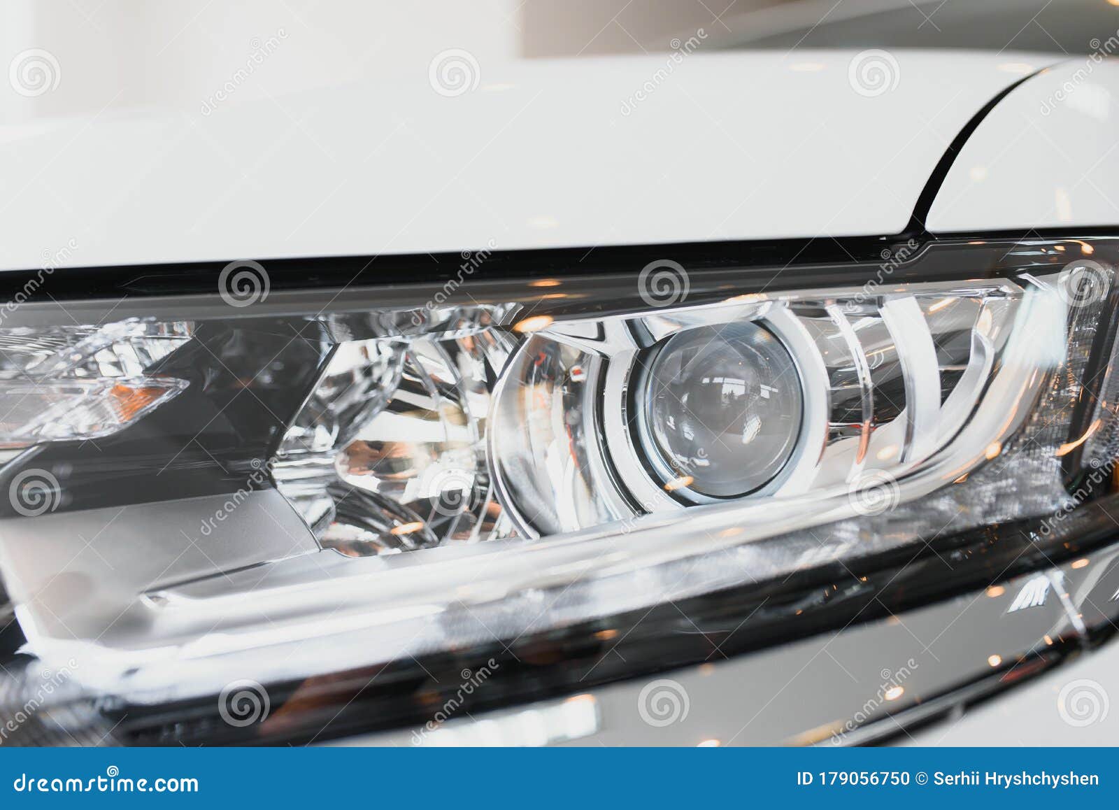 Beautiful White Car Headlights. Modern Car Headlights Stock Photo