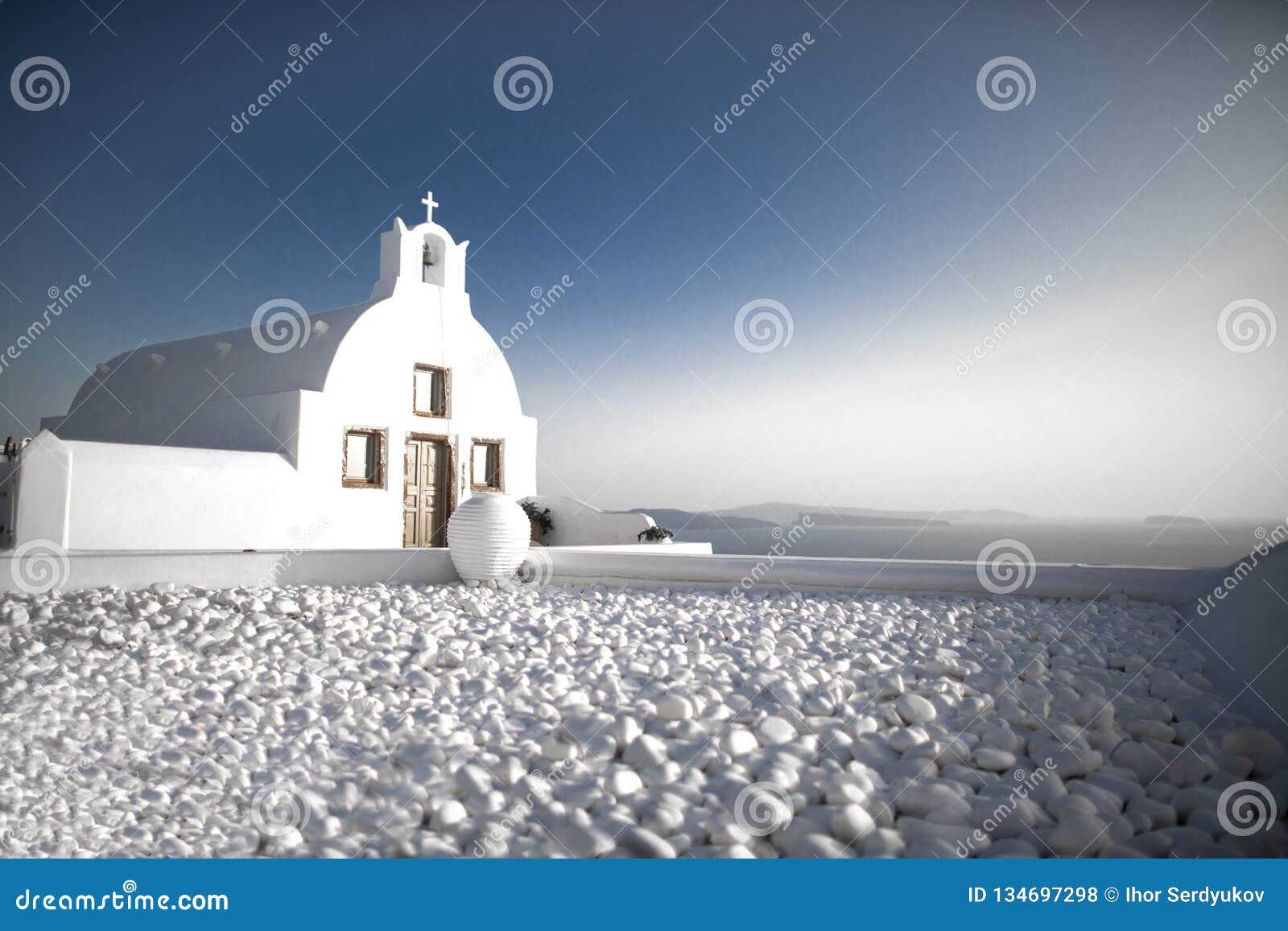 beautiful white orthodox church on santorini, greece. local church in oia village, santorini island, greece - immagine