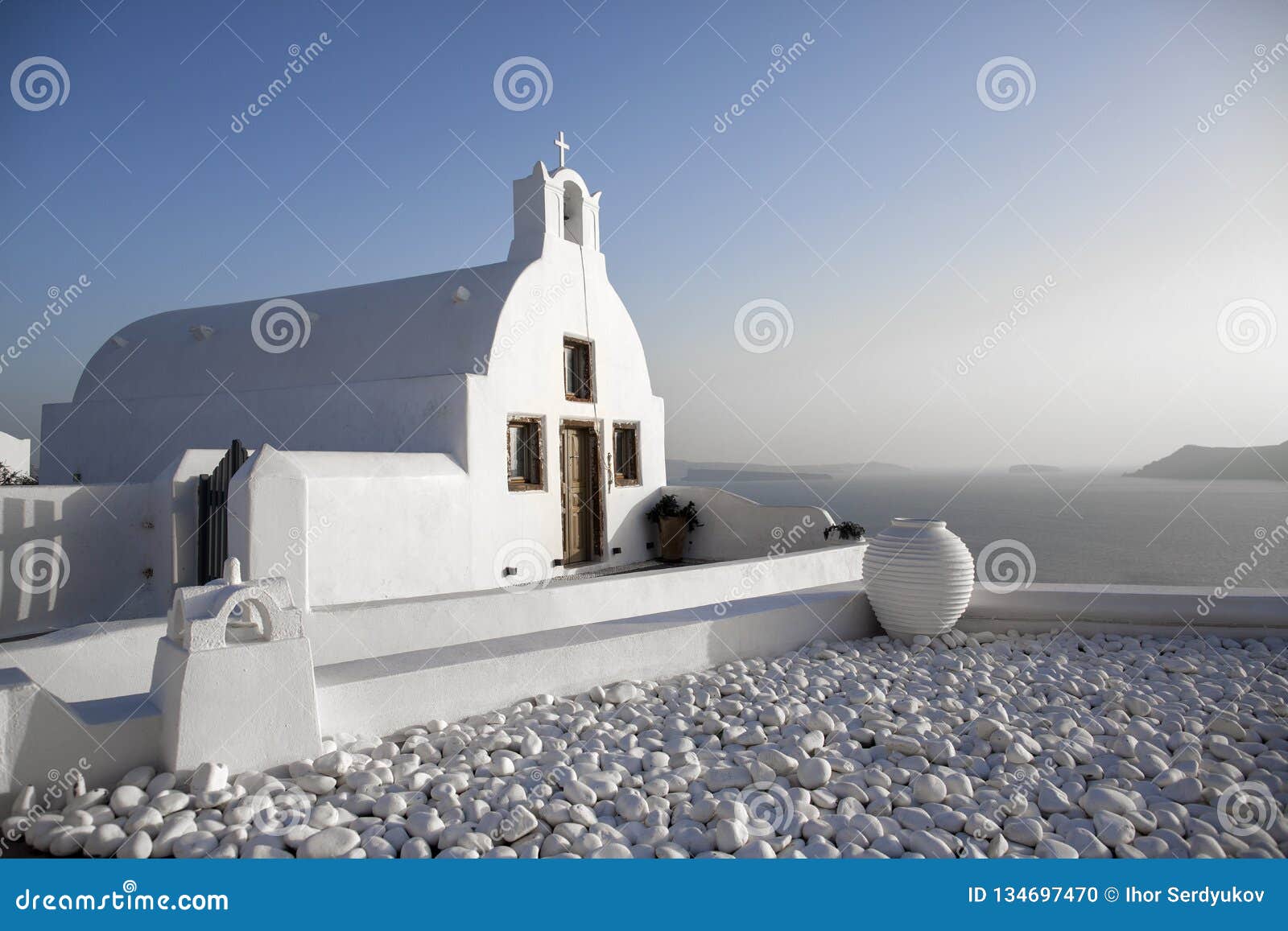 beautiful white orthodox church on santorini, greece. local church in oia village, santorini island, greece - immagine