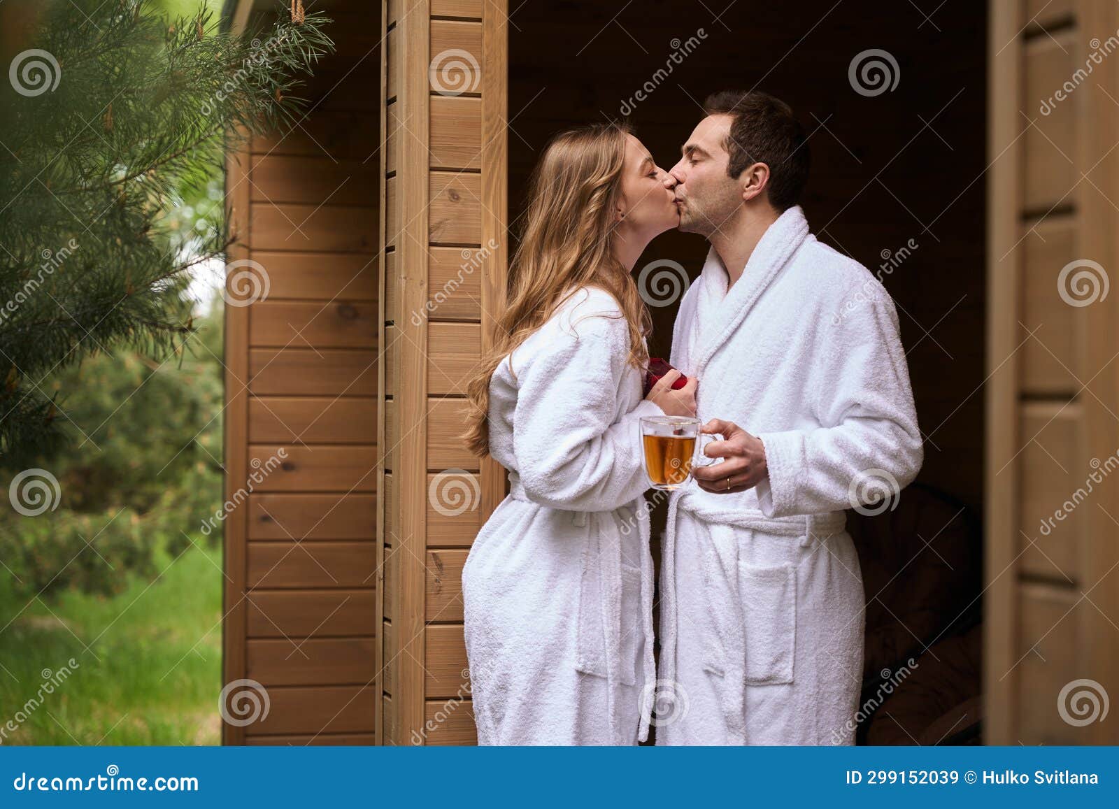 Beautiful Wife in White Bathrobe Grateful for Present Stock Image ...