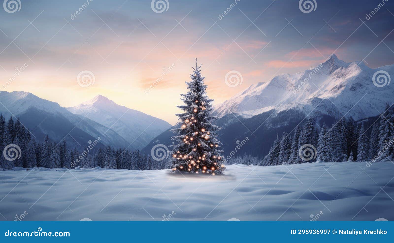 Beautiful Winter Landscape with a Christmas Tree with Mountains Background Stock Image Image