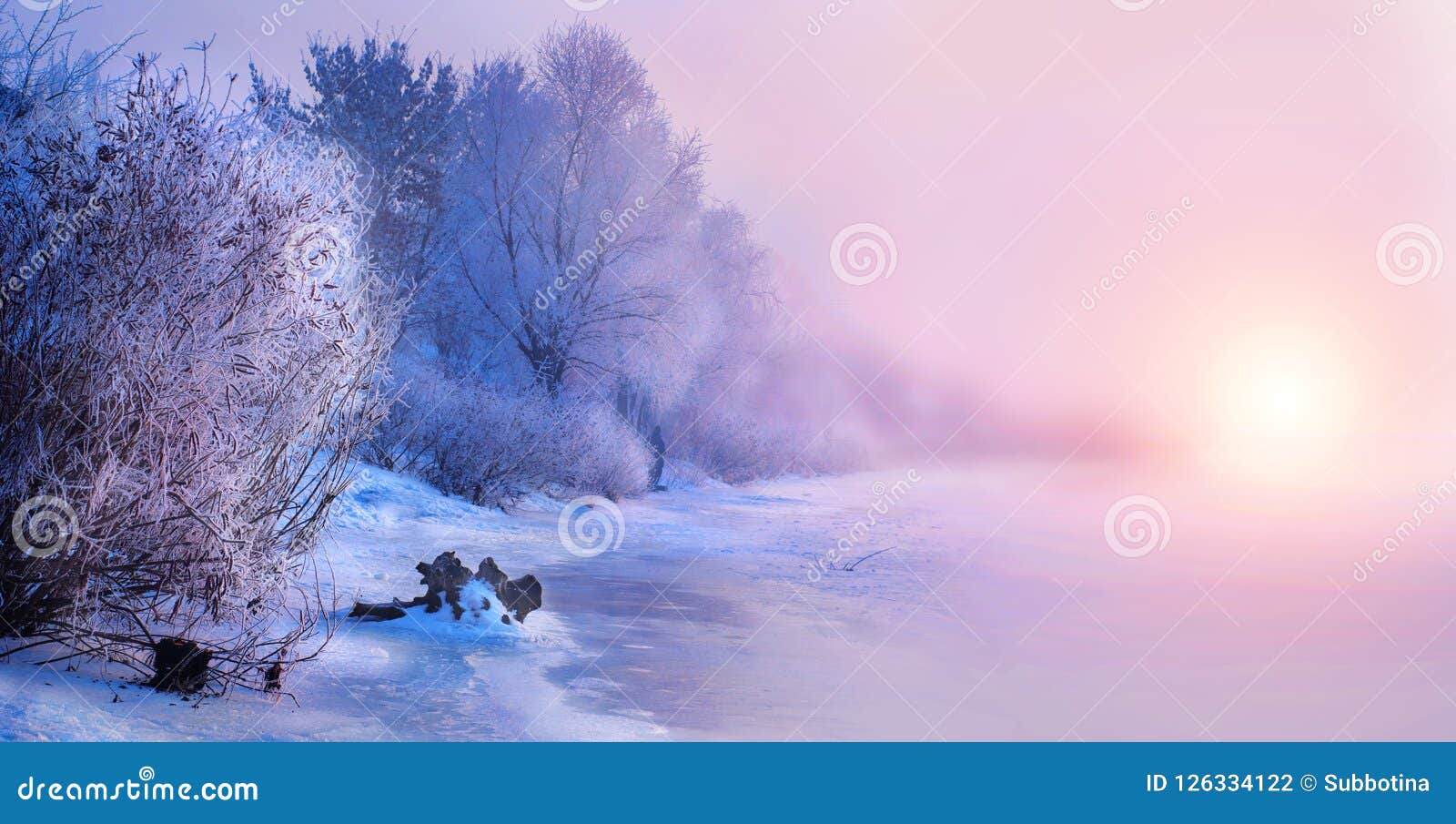 beautiful winter landscape scene background with snow covered trees and iced river