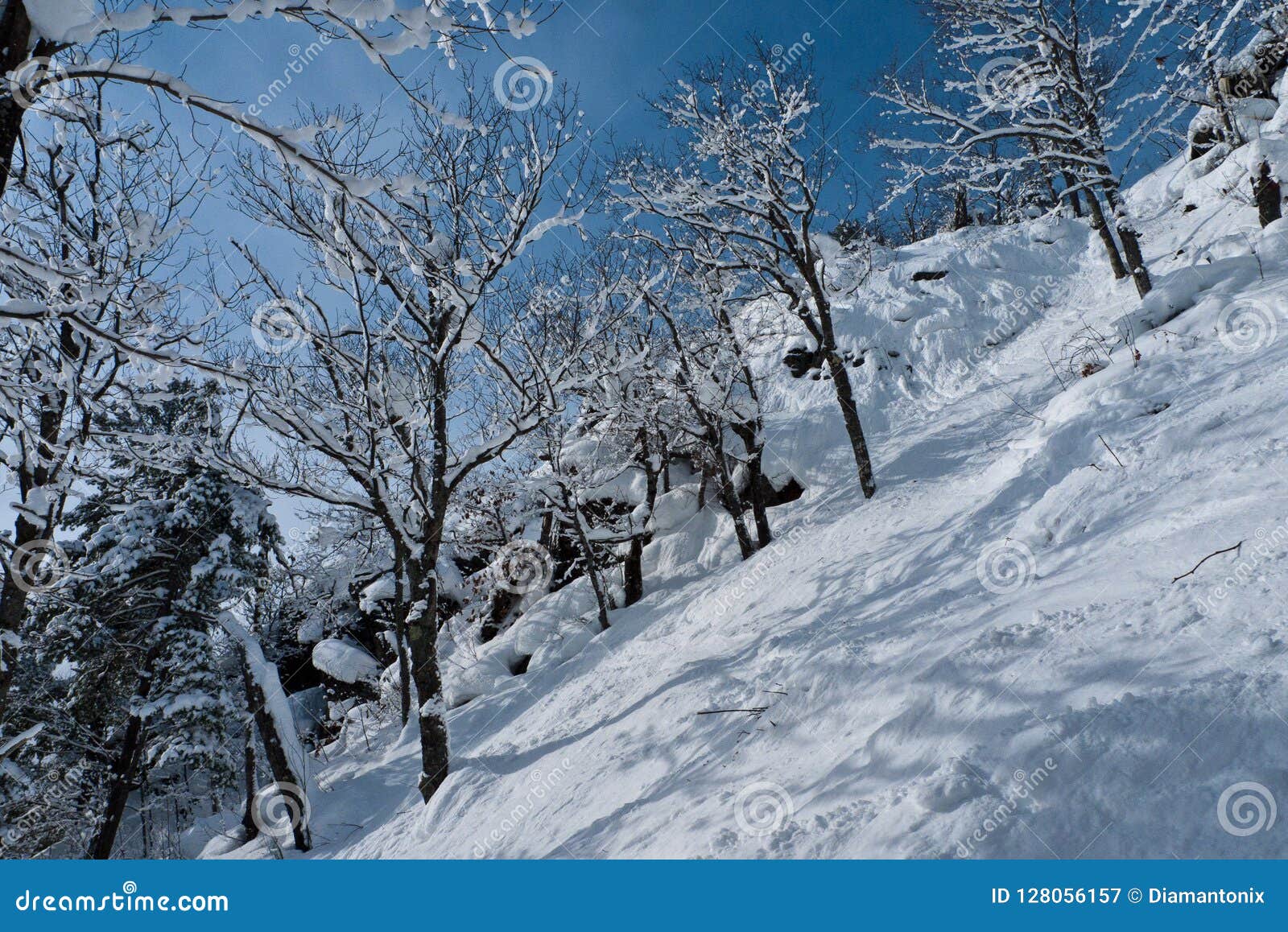 Tall Steep Cliffs Covered with Fresh Snow after Recent Snowfall Stock