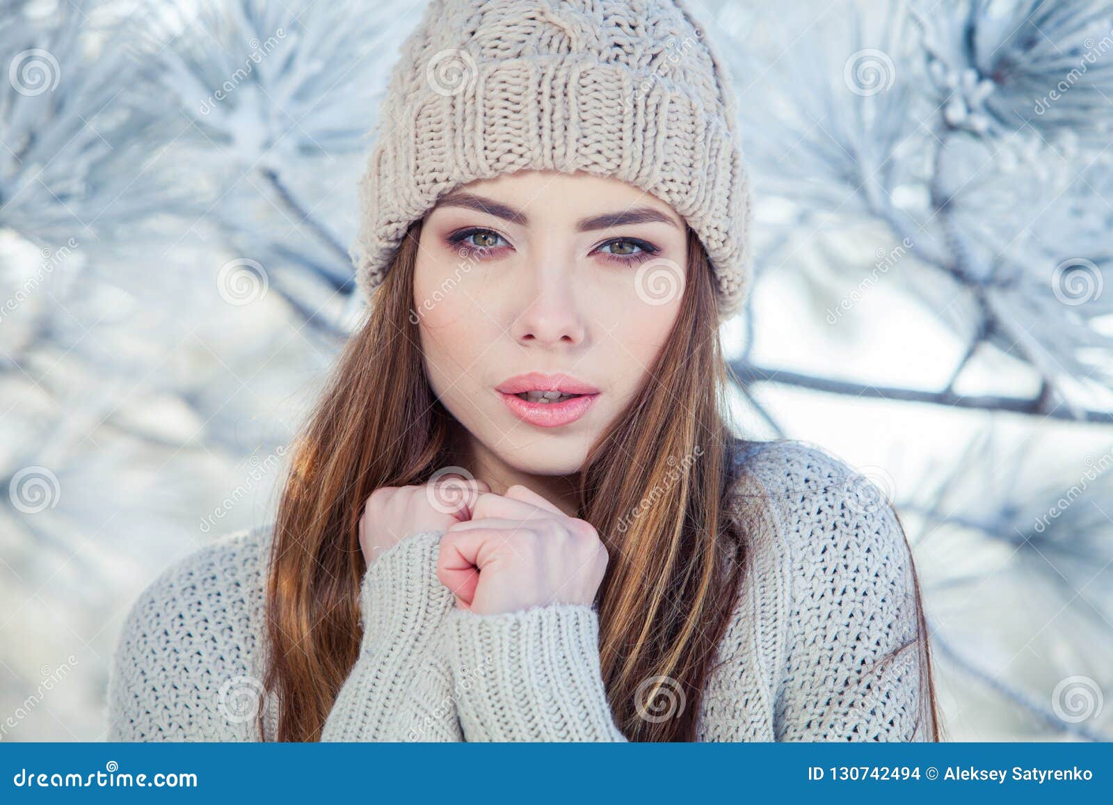 Beautiful Winter Portrait of Young Woman in the Snowy Scenery Stock ...