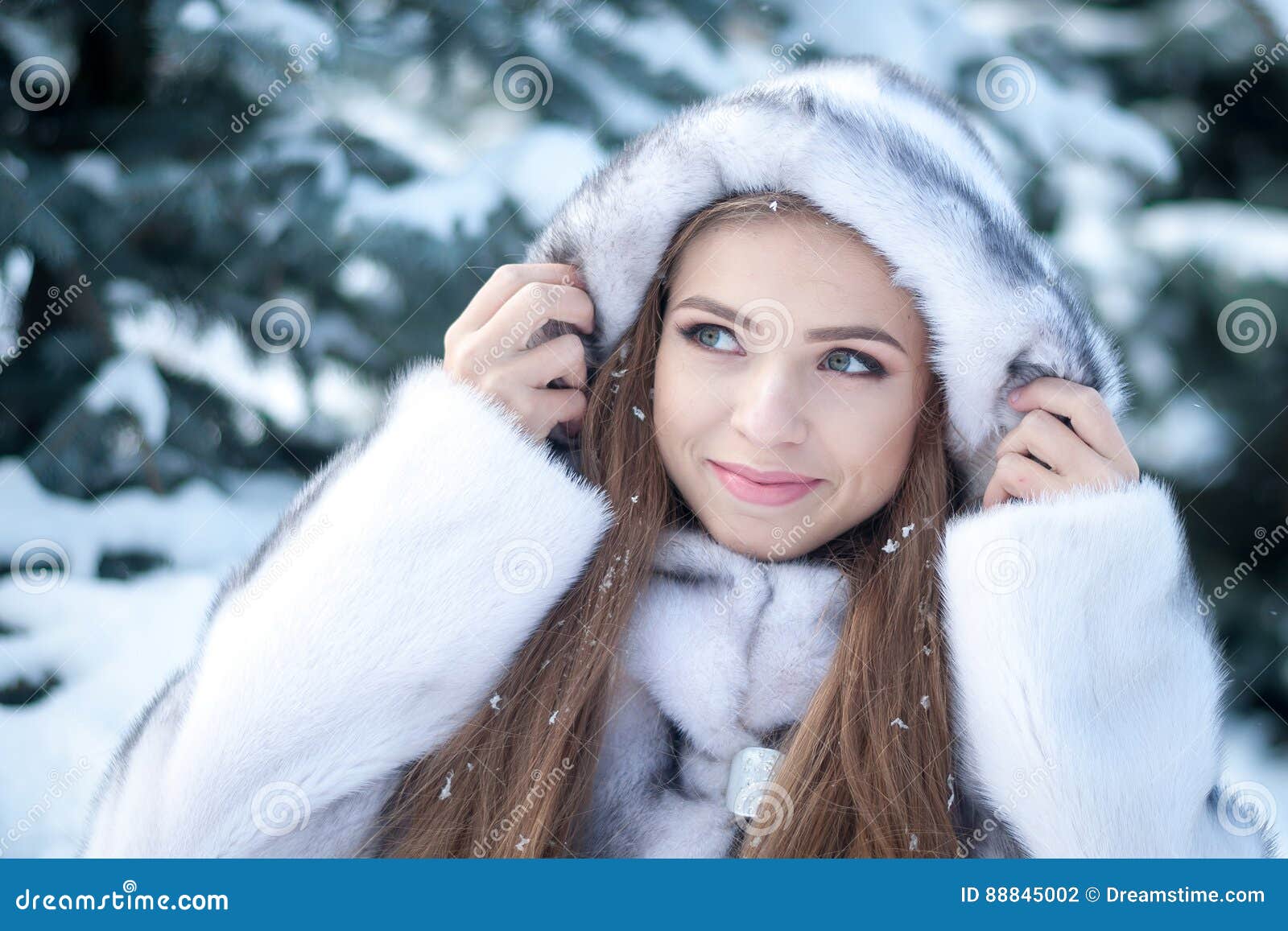 Beautiful Winter Woman In White Mink Fur Coat At Christmas On Snow ...