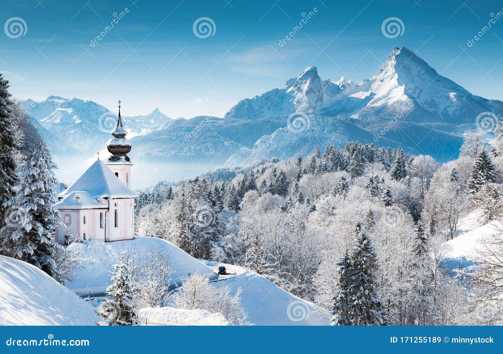 church of maria gern with watzmann in winter, berchtesgadener land, bavaria, germany