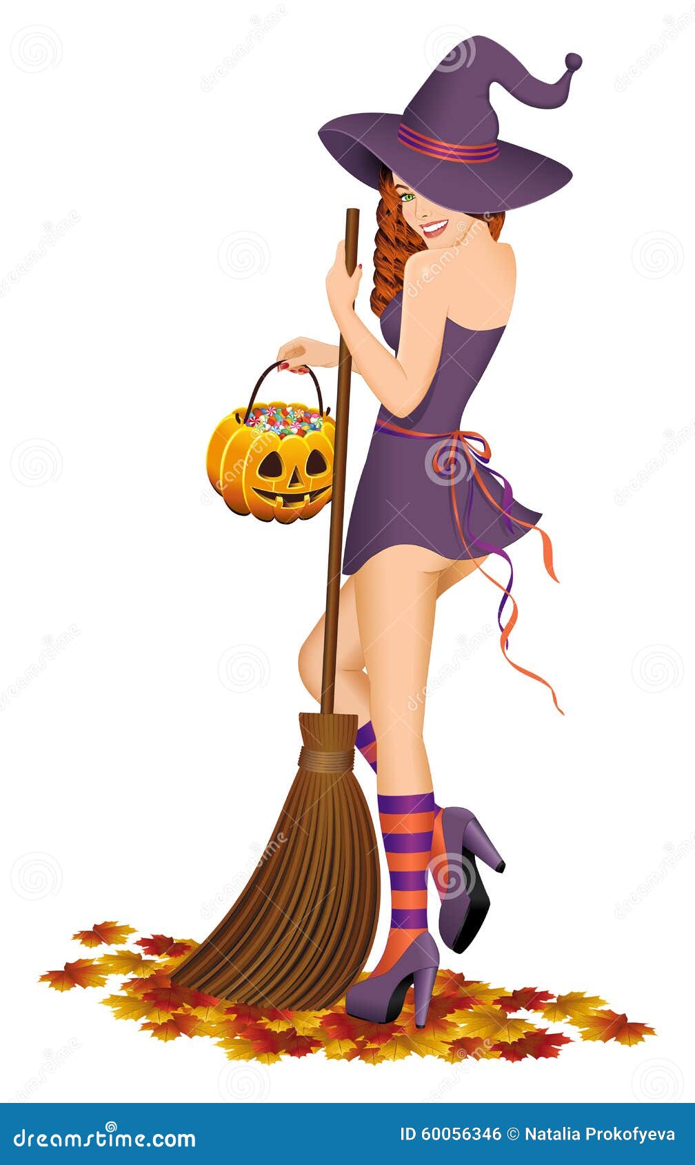 Beautiful Witch With A Broom. Vector Illustration. Stock Vector