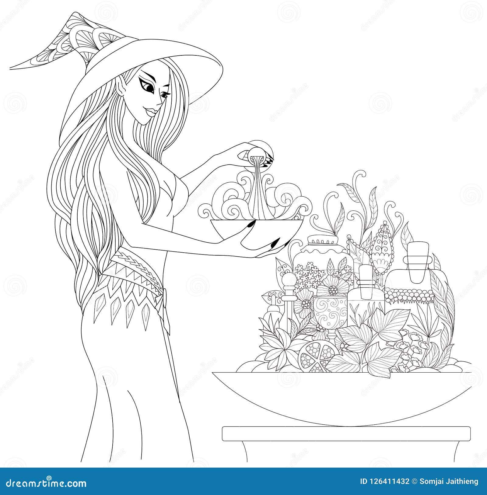 Halloween coloring set with beautiful witch girl Vector Image