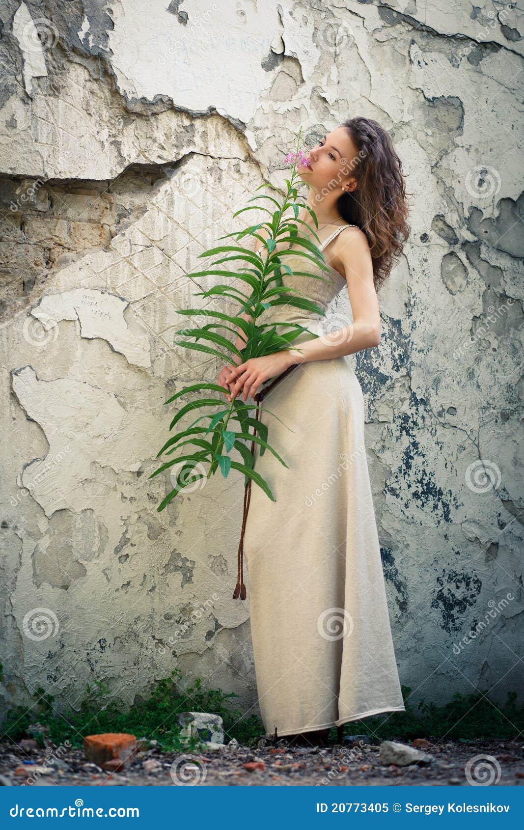 Beautiful Woman on Background of Old Wall Stock Image - Image of