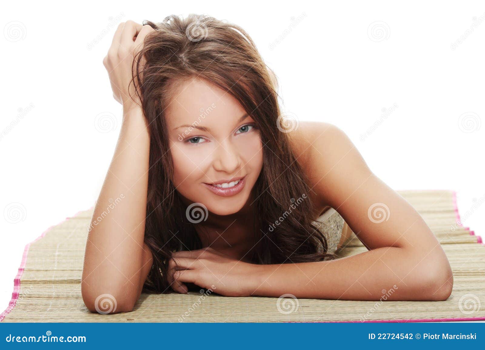 Beautiful Woman in Bikini Lying on Straw Mat Stock Photo Image of attractive, hair 22724542
