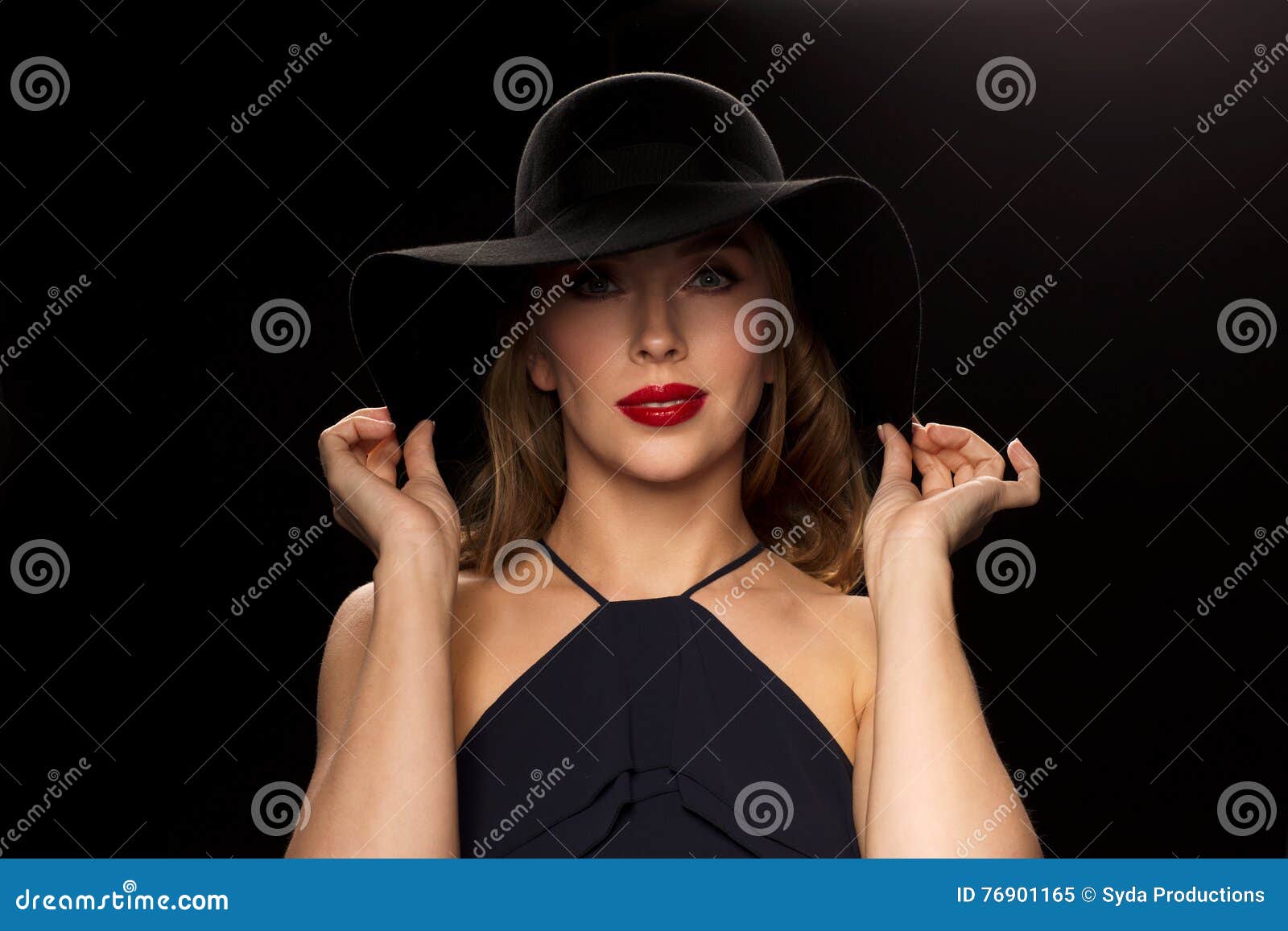 Beautiful Woman in Black Hat Over Dark Background Stock Image - Image ...