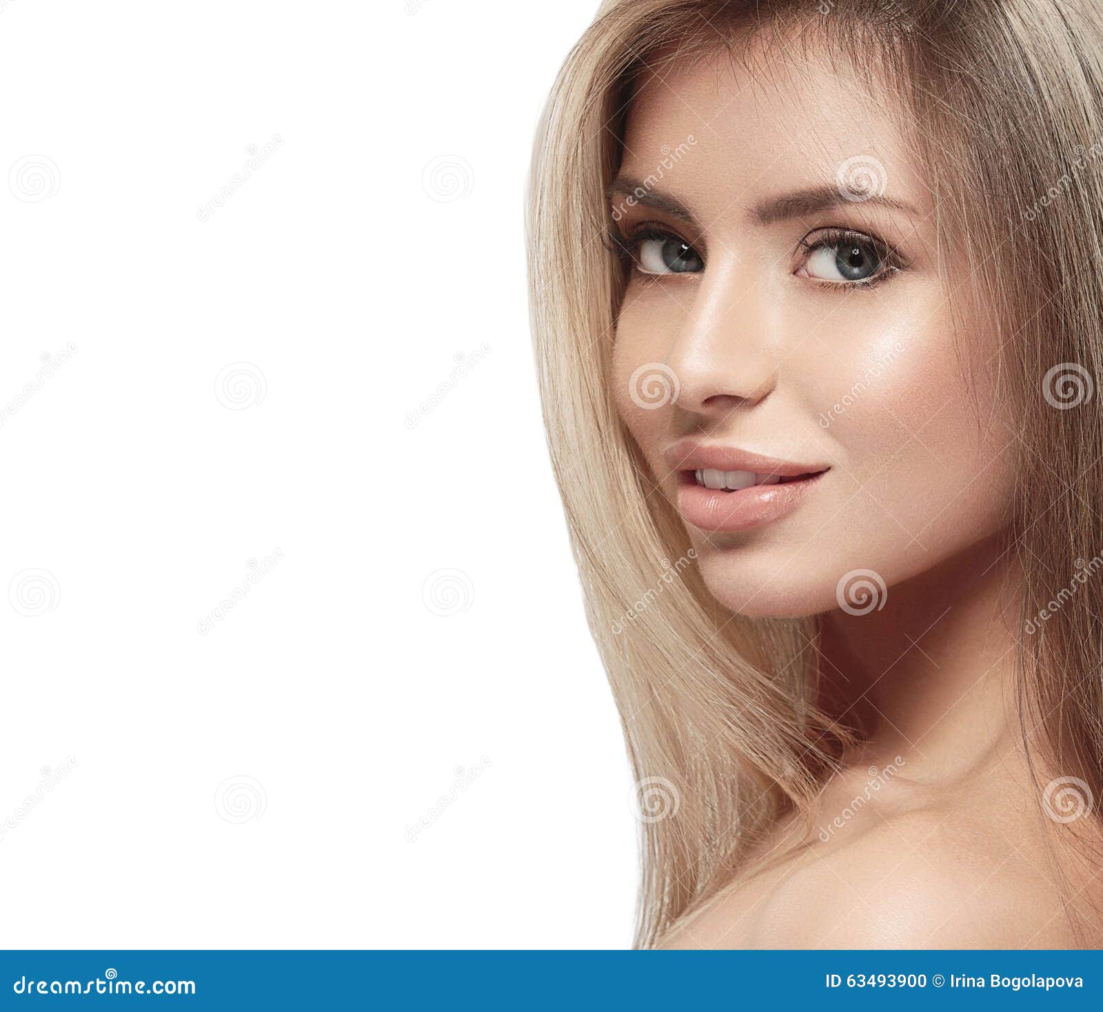 Beautiful Woman Blonde Hair Portrait Close Up Studio On White Stock