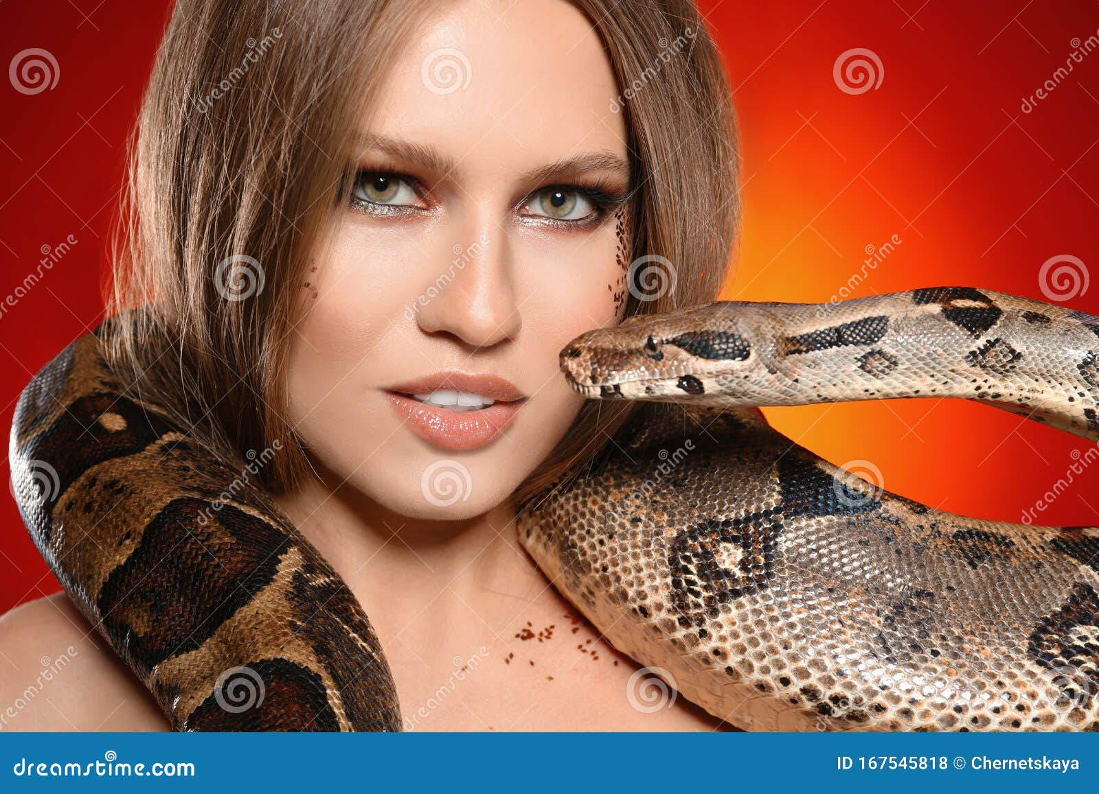 Beautiful Woman with Boa Constrictor on Colorful Background, Closeup ...