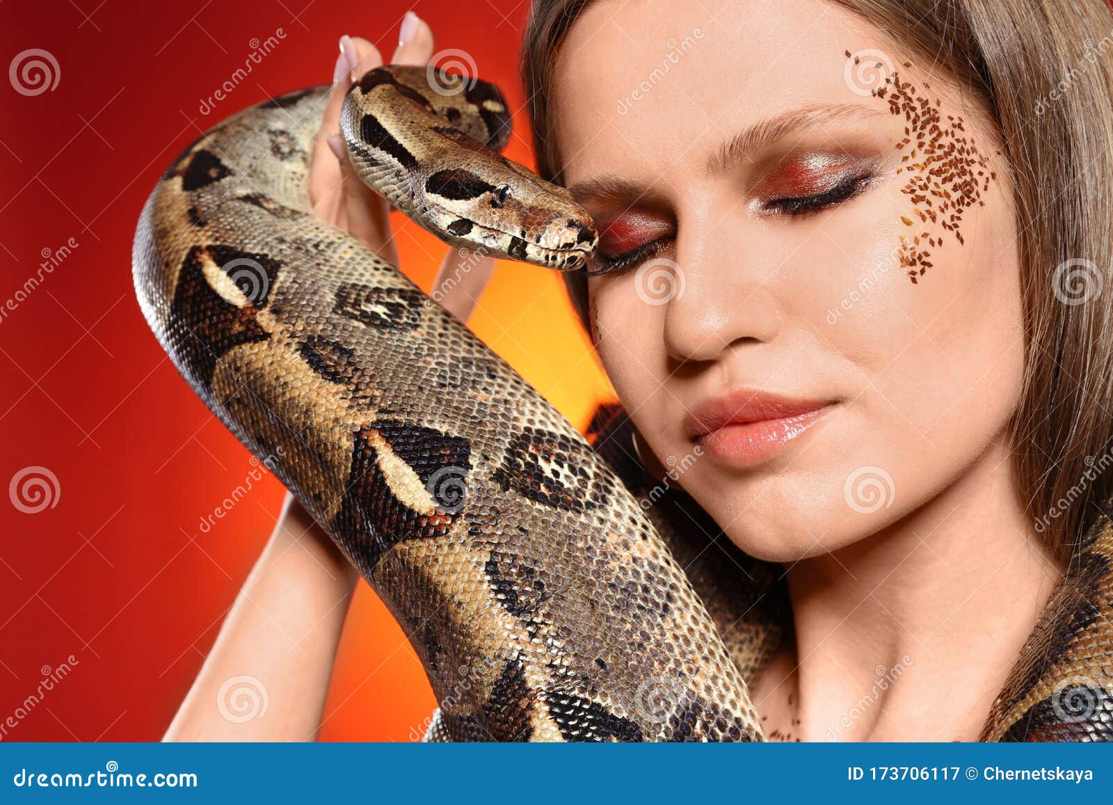 Beautiful Woman with Boa Constrictor on Colorful Background, Closeup ...