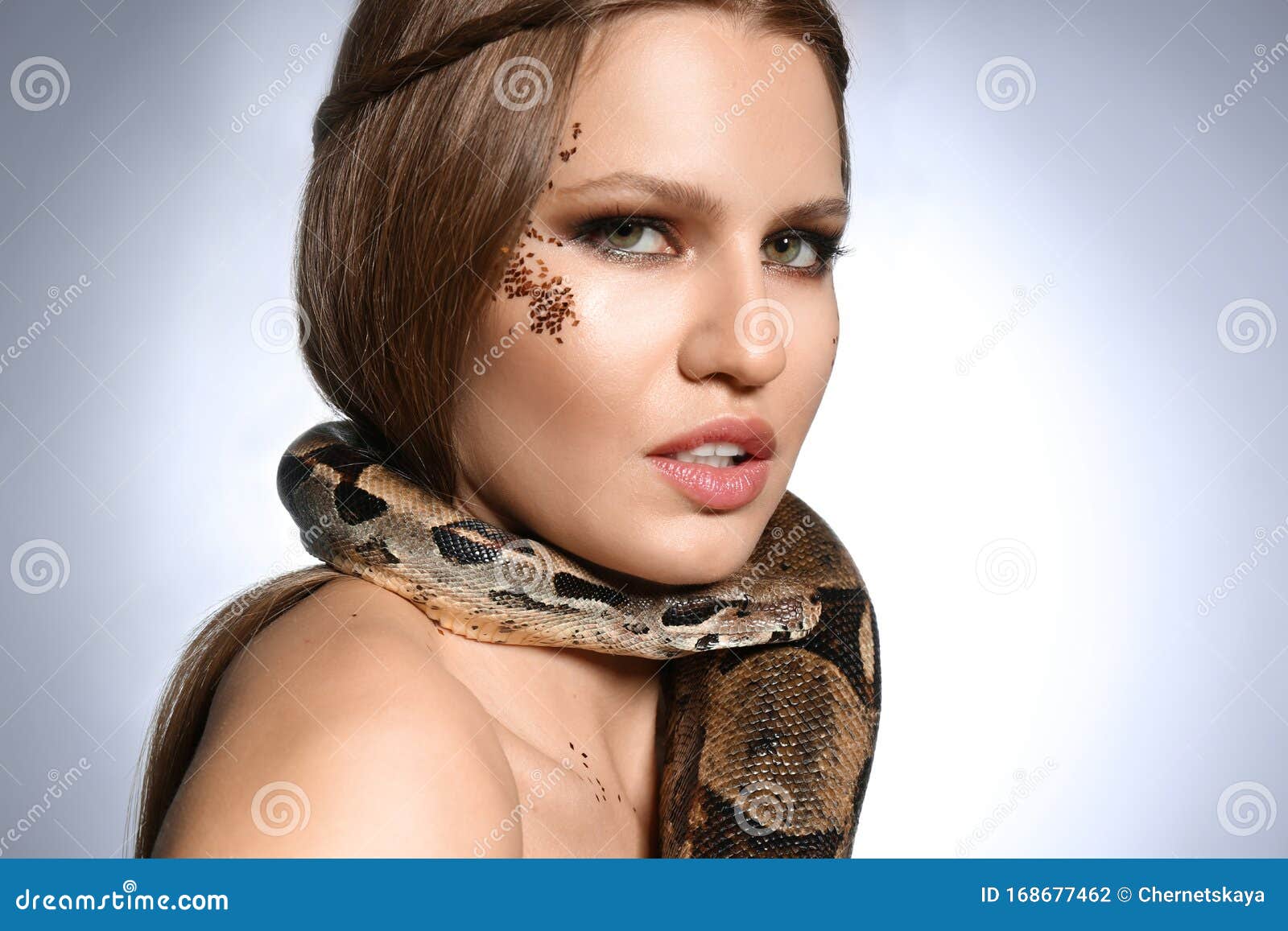 Beautiful Woman with Boa Constrictor on Grey Background, Closeup Stock ...