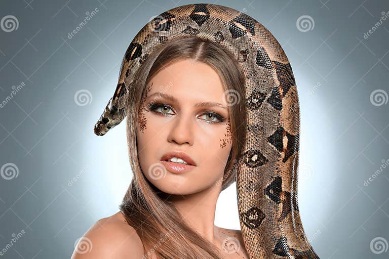 Beautiful Woman with Boa Constrictor on Grey Background Stock Image ...