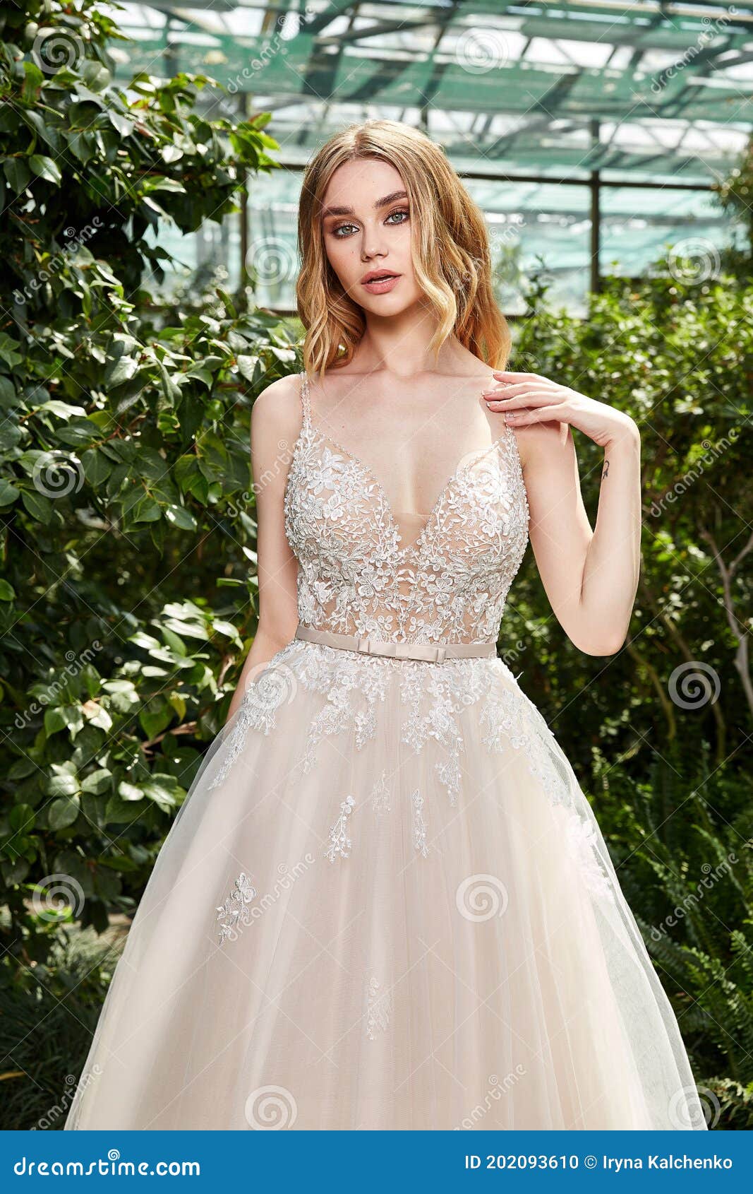 beautiful woman bride in long white wedding dress espousal fashion marriage celebration big day in green park garden backyard