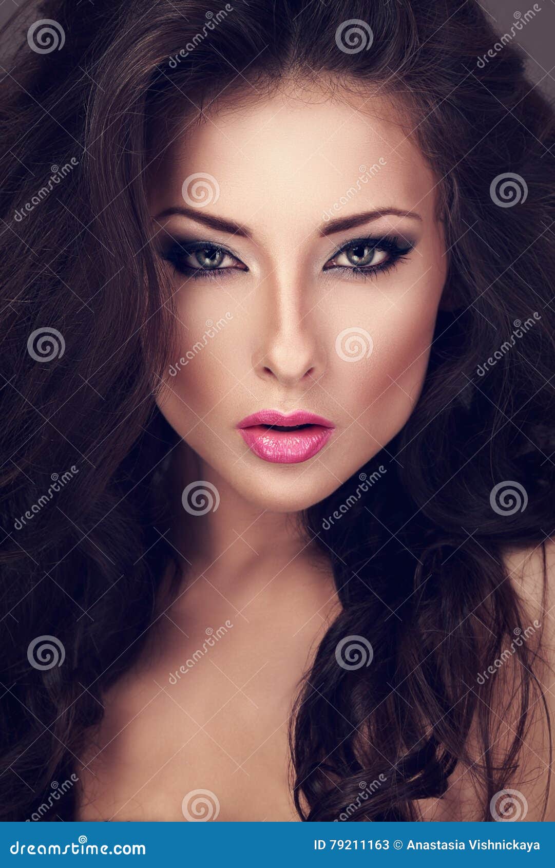 Beautiful Woman with Bright Smokey Makeup Eyes and Pink Lipstick Stock ...