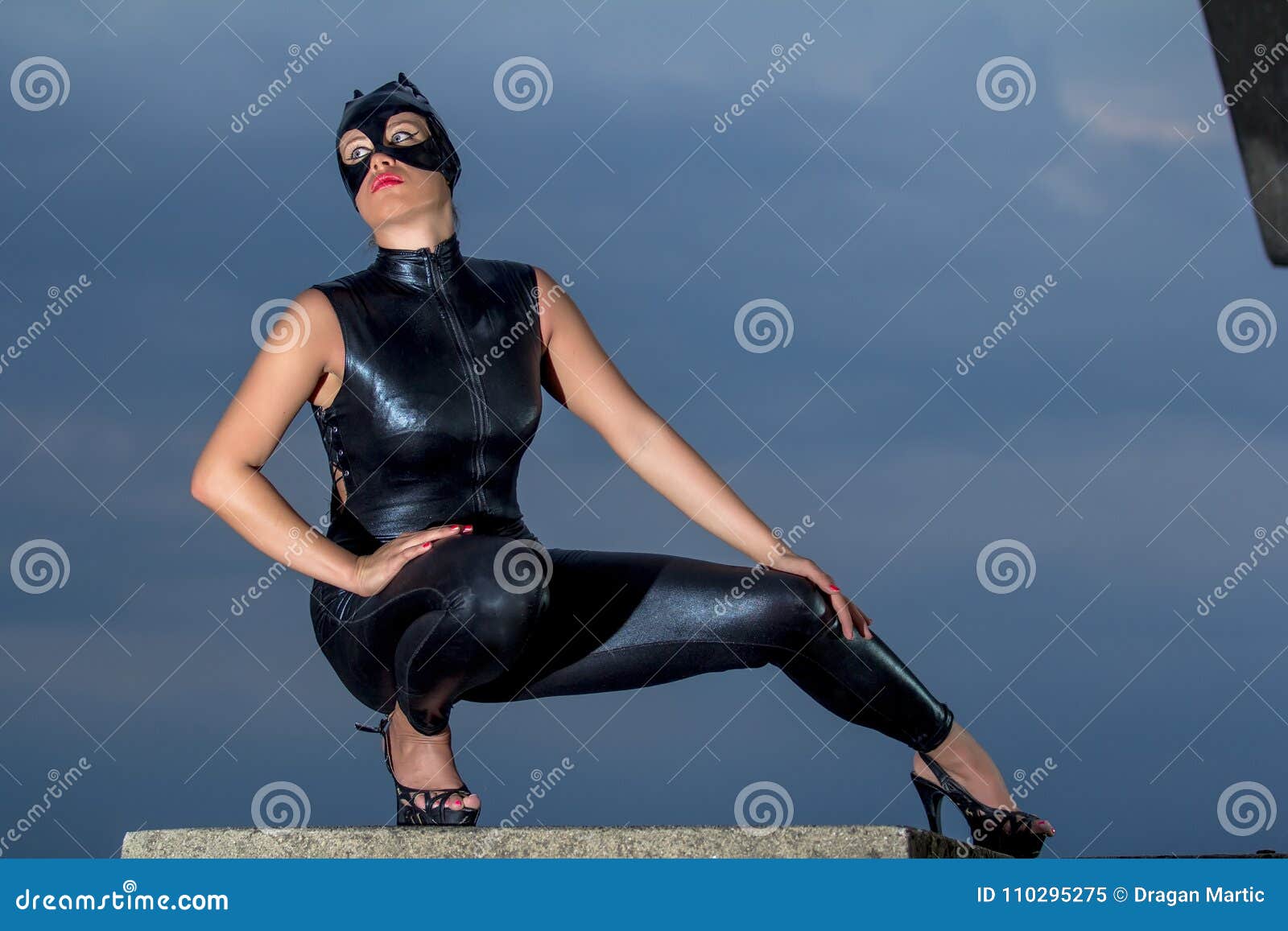 catwoman on skyscraper roof, leather costume