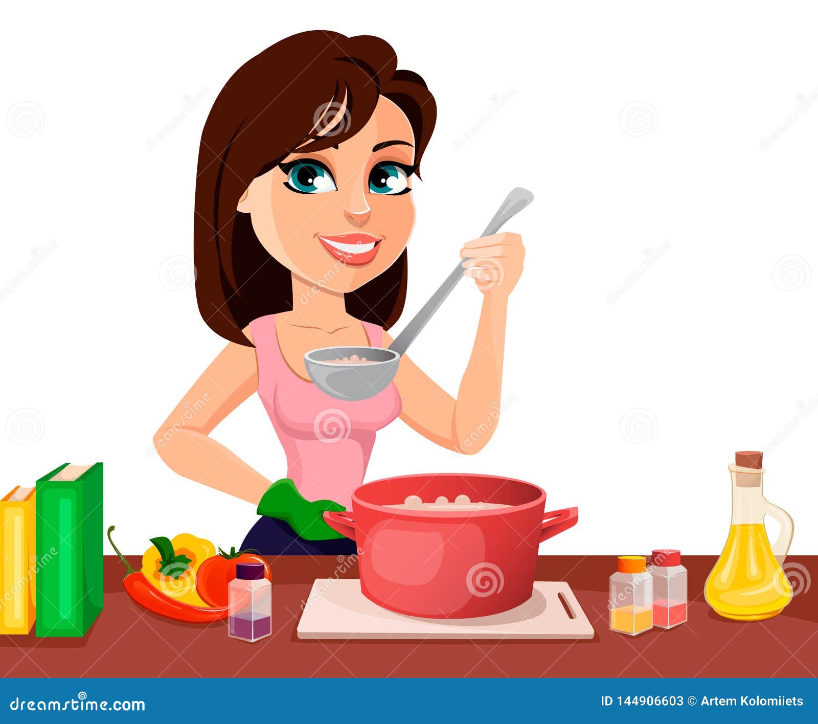 Beautiful Woman Cooking In Her Kitchen Stock Vector Illustration Of House Cuisine 144906603 