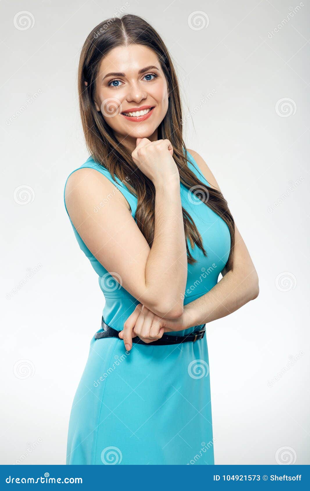 Beautiful Woman with Crossed Arms in Blue Dress. Stock Image - Image of ...