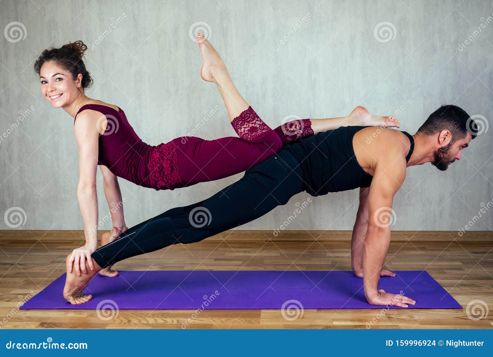 beautiful woman curly hair muscular man practicing yoga together yoga mat concept tantric yoga beautiful 159996924