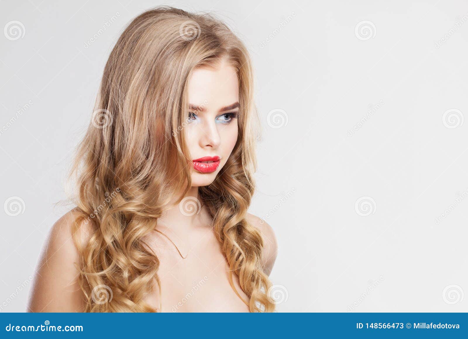 Beautiful Woman with Curly Hair Portrait. Pretty Blonde Girl on White ...