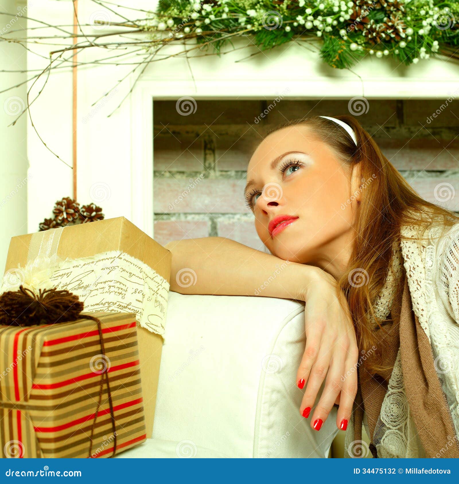 Beautiful Woman Dreaming, Christmas Stock Photo Image of gift, blonde