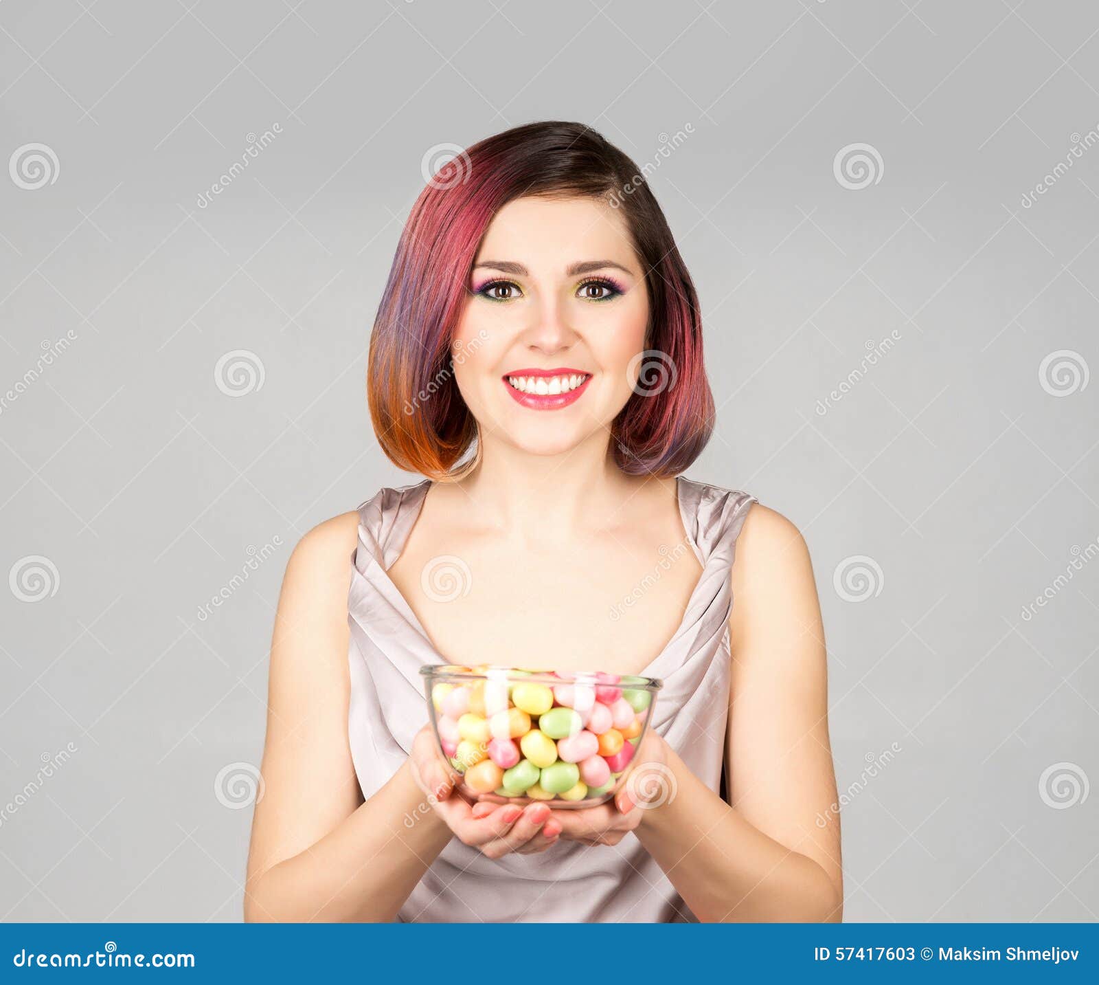 Beautiful Woman In A Dress With A Bowl Of Candies Stock Image Image