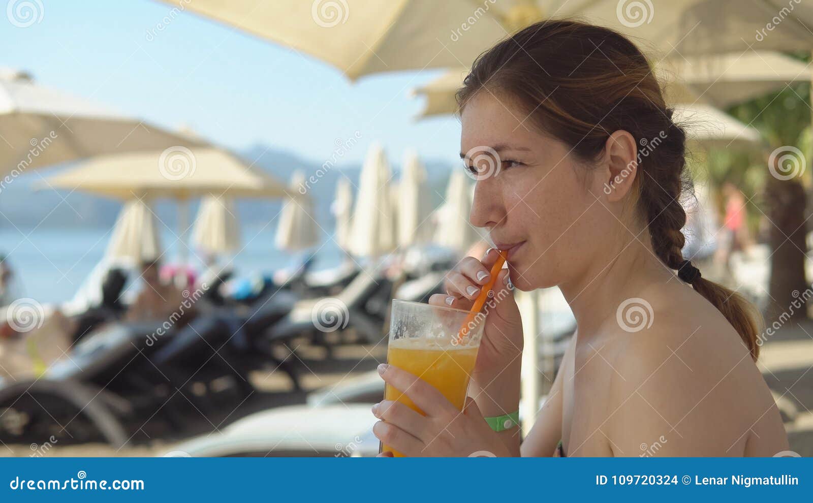 Beautiful Woman Drinking Cocktail Stock Photo - Image of beach, beauty ...