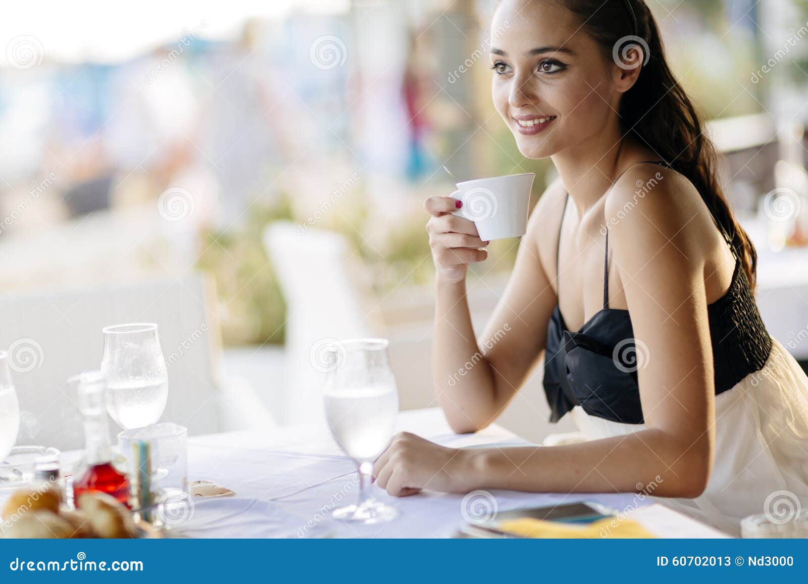 Beautiful Woman Drinking Coffee In Restaurant Stock Image Image Of