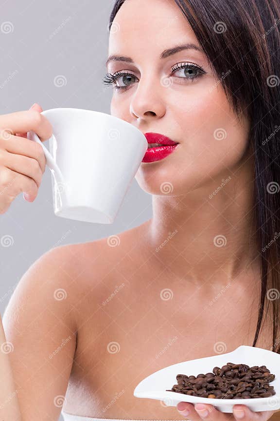 Beautiful Woman Drinking Hot Coffee Stock Image Image Of Close Fashion 33929093