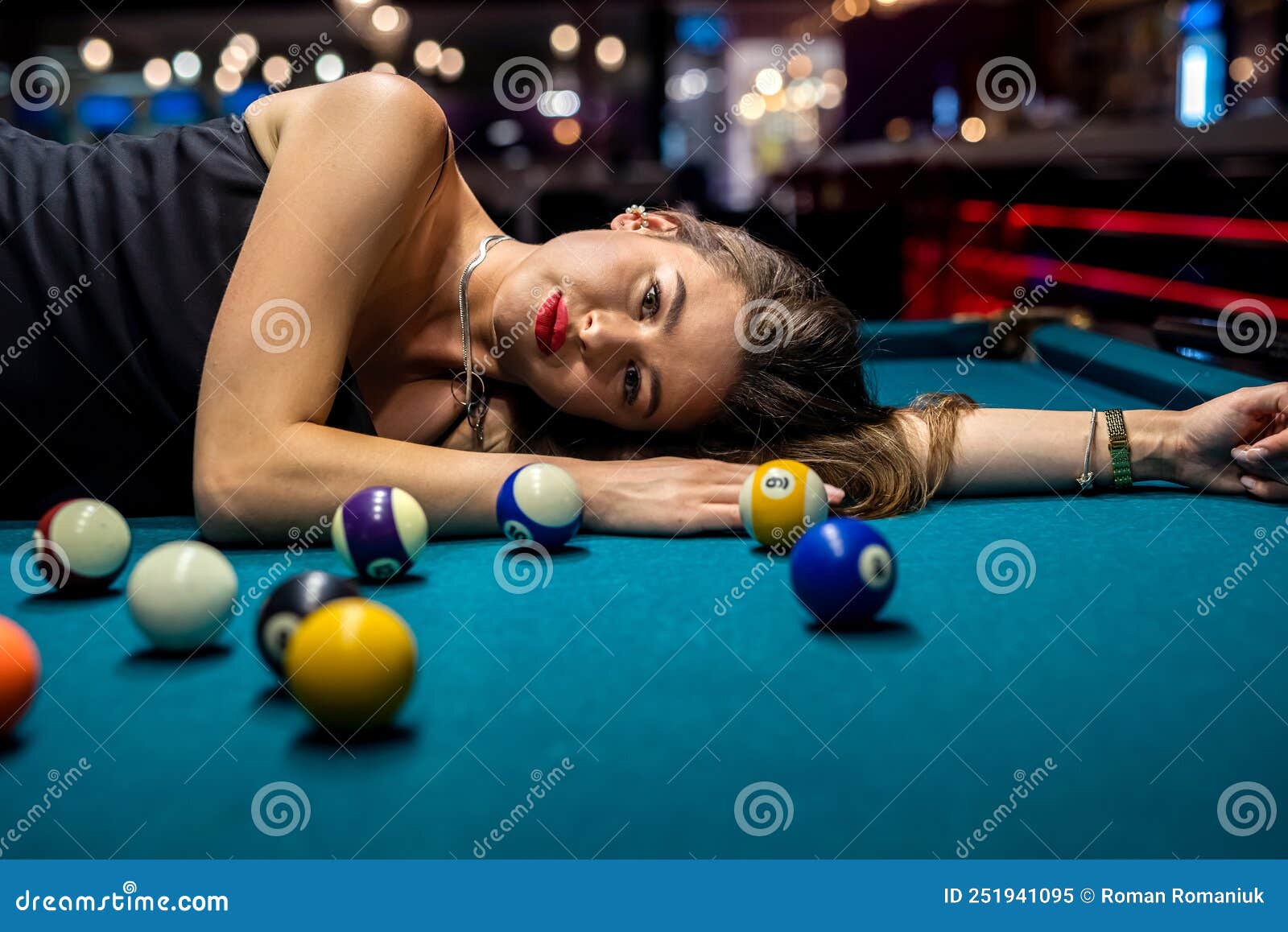 Beautiful Woman In Elegant Black Dress Lying On The Billiard Table Stock Image Image Of