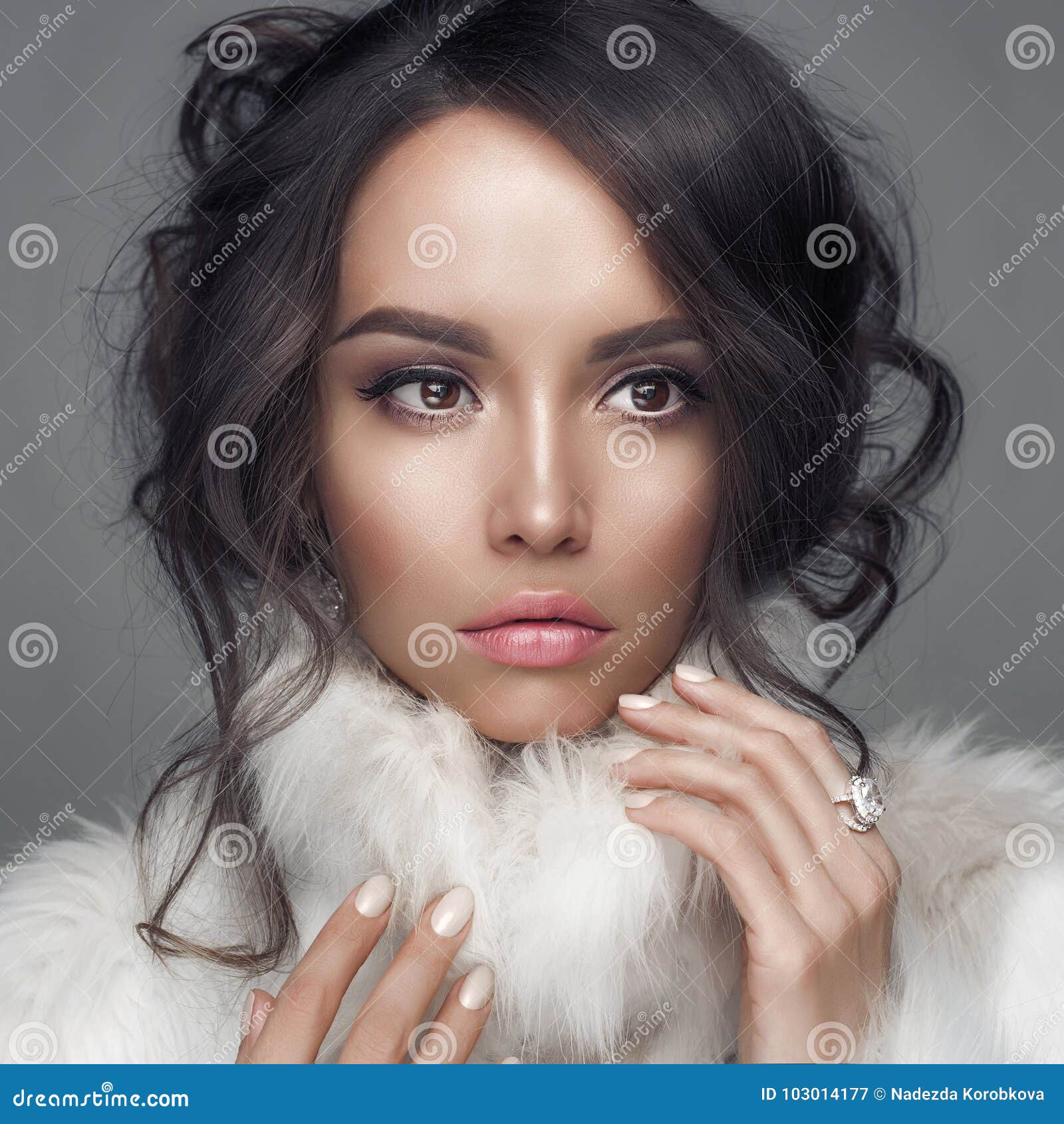 Beautiful Woman with Elegant Hairstyle in White Fur Coat Stock Image ...