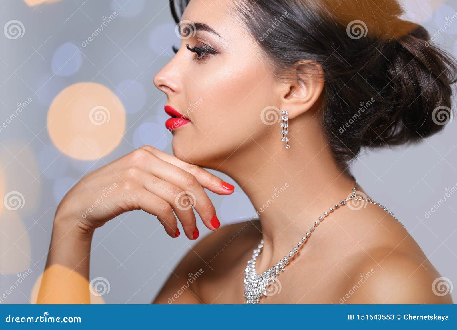 Beautiful Woman with Elegant Jewelry on Blurred Background Stock Image ...